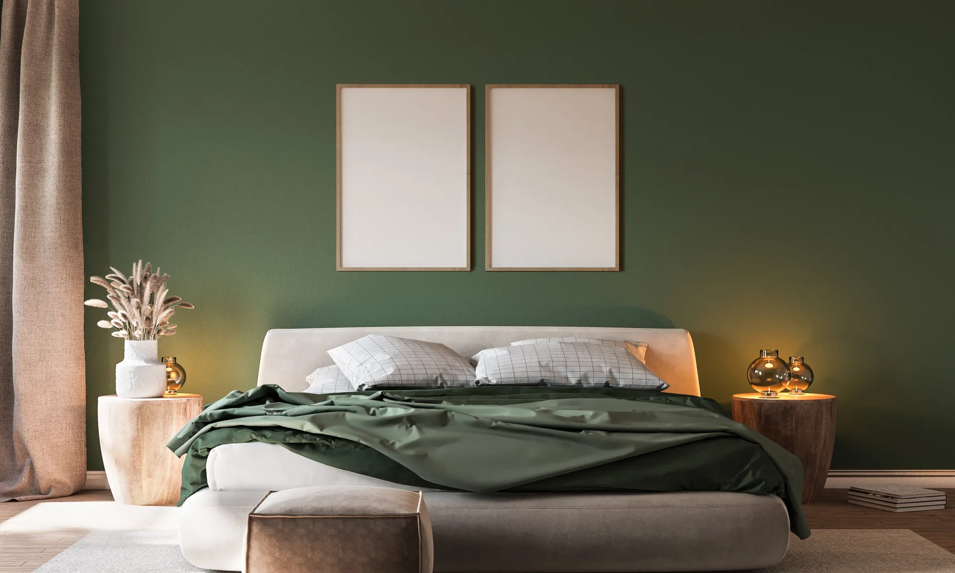 A modern bedroom features an upholstered bed against a green wall with two empty wood frames, flanked by stump nightstands with glowing glass lamps.