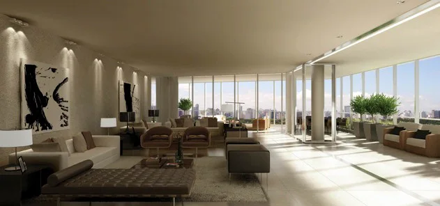 A spacious living room with large tile flooring features a tufted daybed, a white sofa, and floor-to-ceiling windows showcasing a city view.