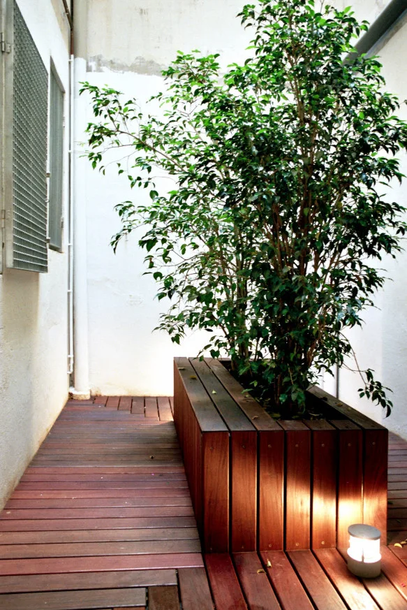 A small enclosed courtyard features a slatted wooden deck with a matching rectangular wood planter and a small ground light.