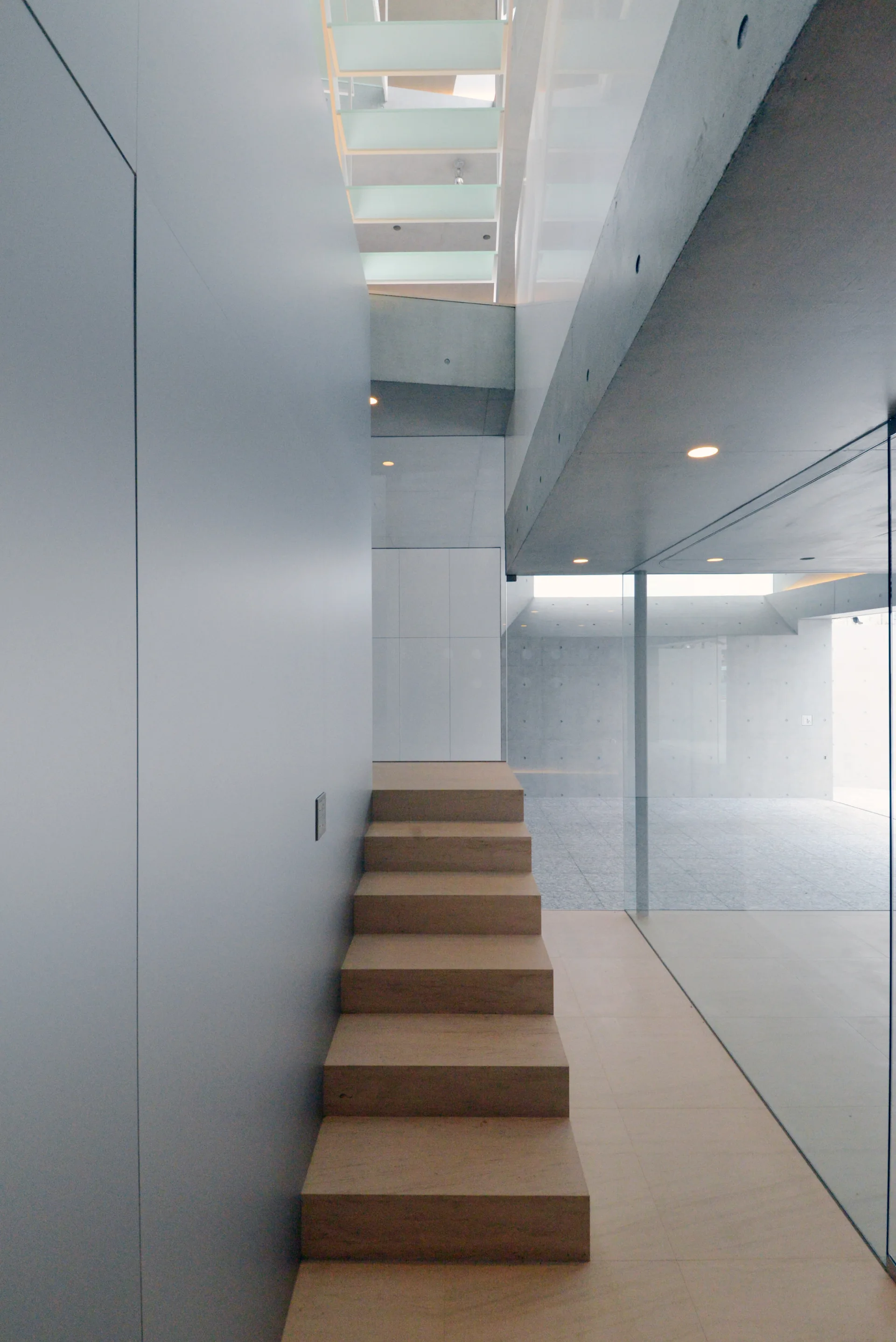 A minimalist wooden staircase stands between a smooth concrete wall and a large glass partition under recessed ceiling lights.