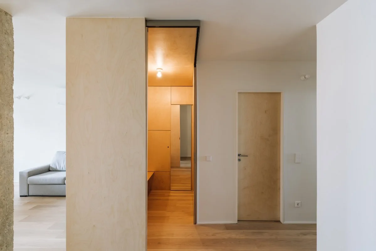 A modern entryway features light plywood wall paneling, a matching wood flush door, light wood floors, and a glimpse into a living room with a grey sofa.