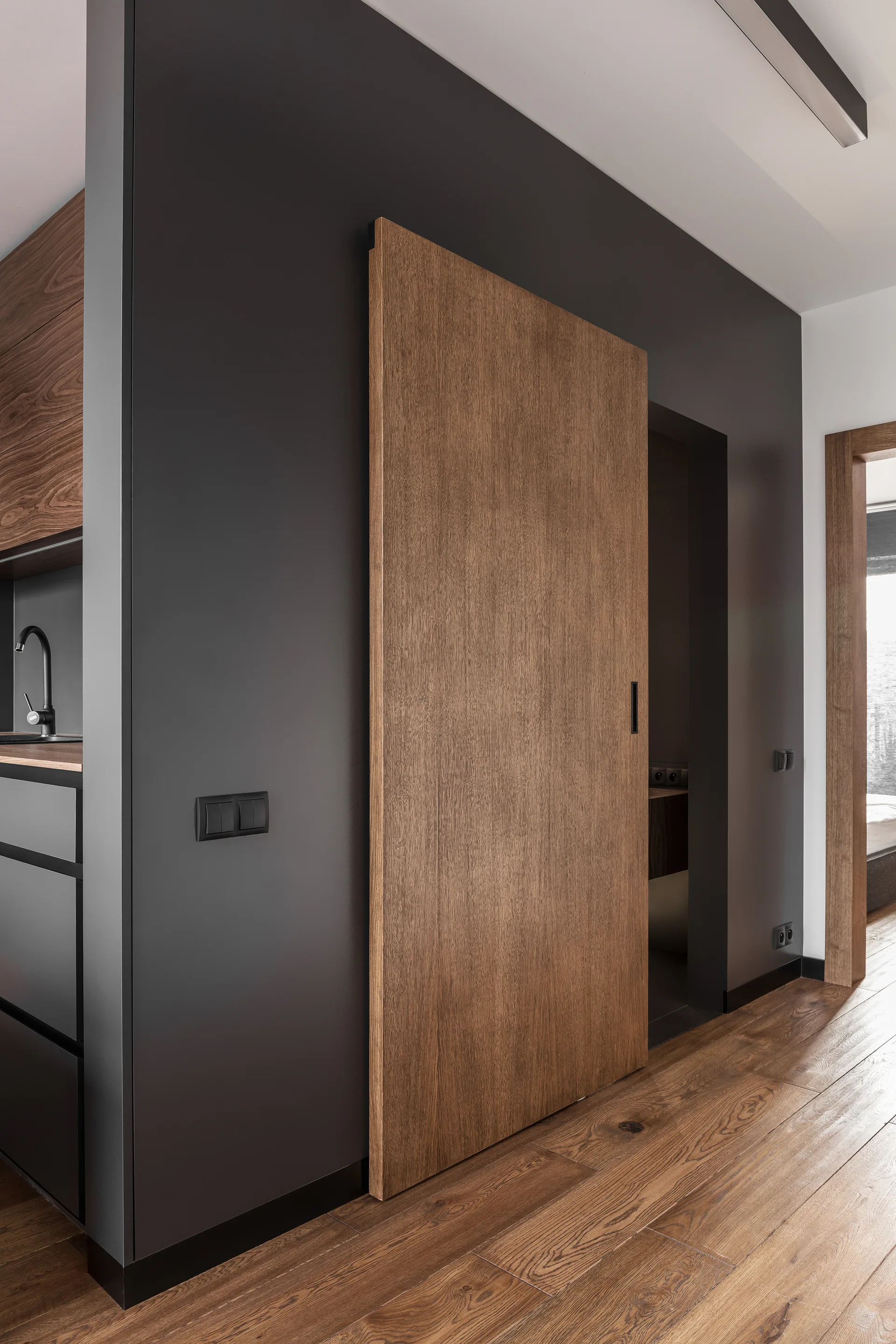 A modern hallway featuring matte charcoal grey walls, a natural wood sliding door, and hardwood plank flooring.