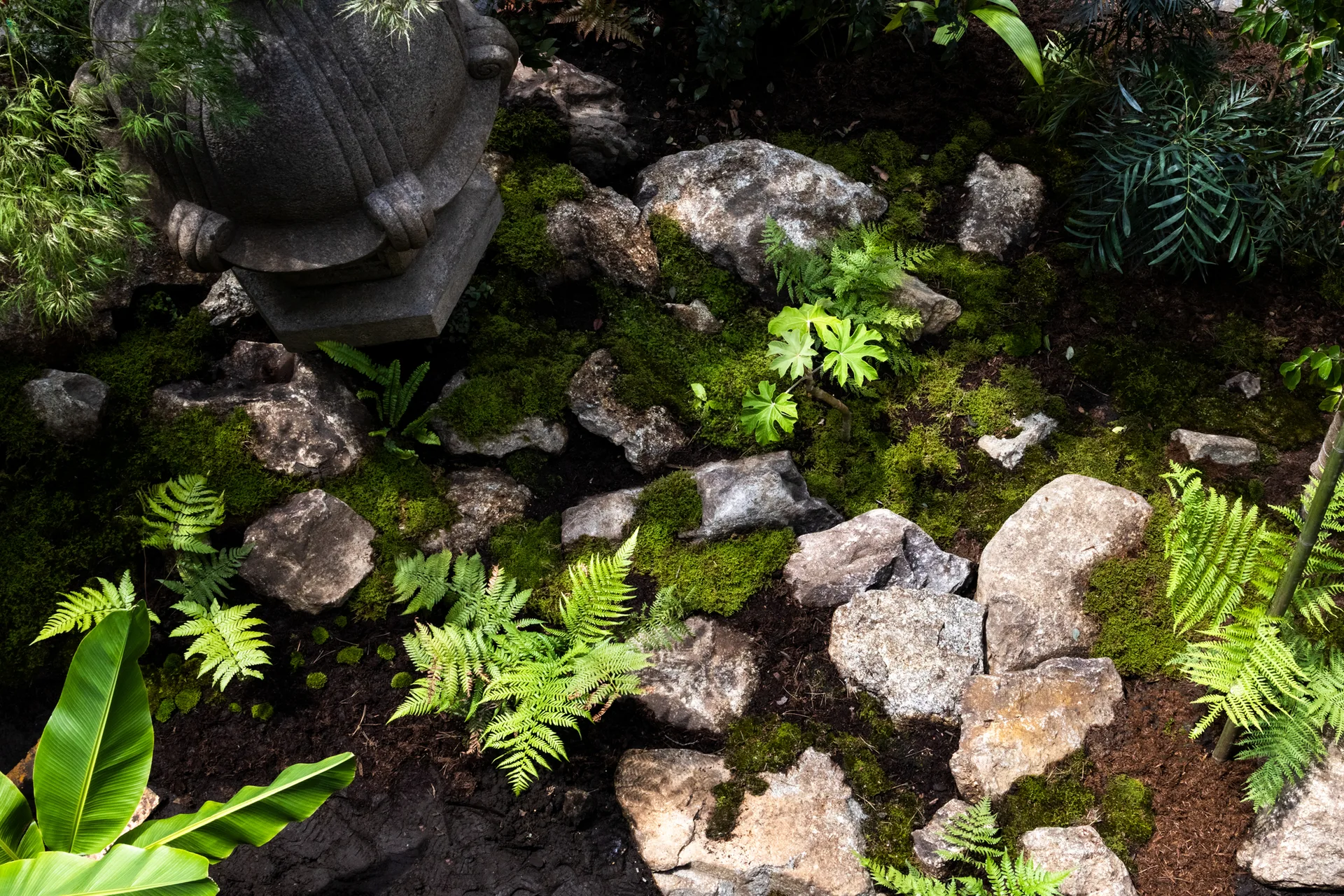 An overhead view of a rock garden featuring natural stones, green moss, ferns, and a carved stone ornament.