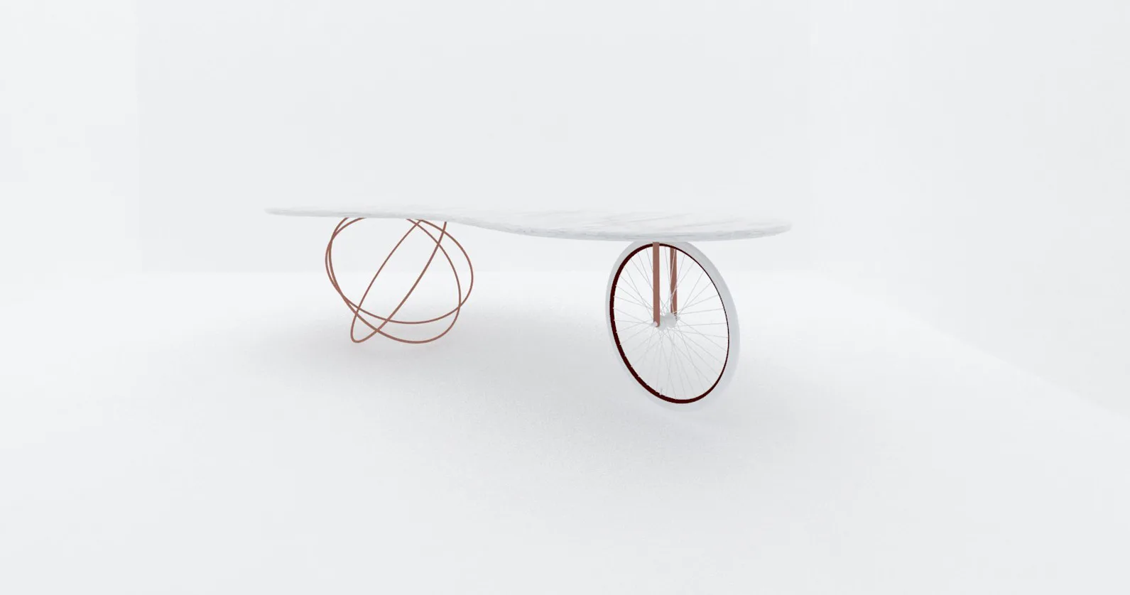 An asymmetrical white stone console table supported by a copper wire sphere on one side and a bicycle wheel on the other.