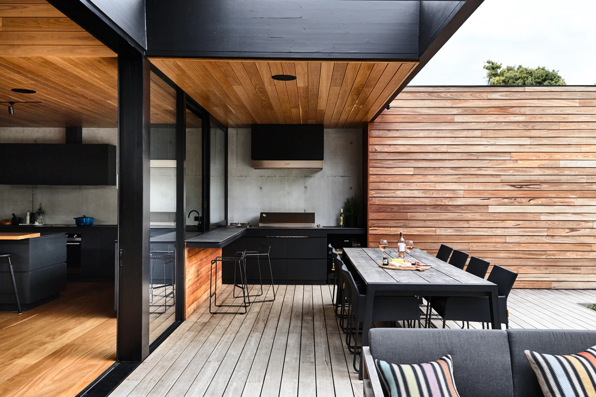DS House, Planned Living Architects, Table, Wood, Beam, Countertop, Deck