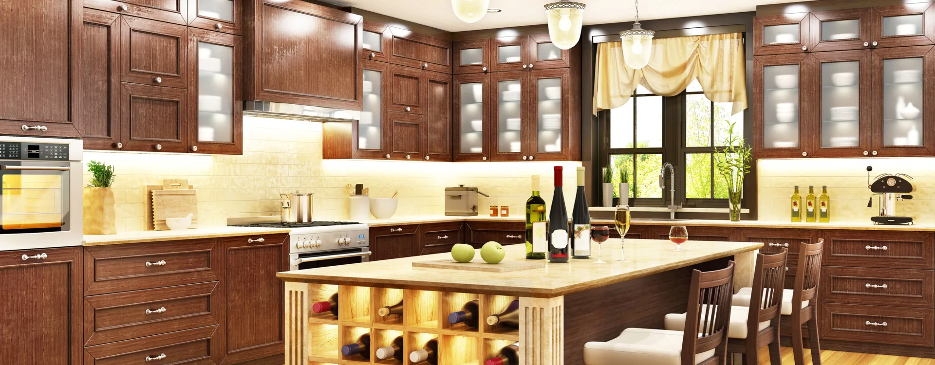 A traditional kitchen featuring dark wood cabinetry, light beige countertops, and a central island with built-in illuminated wine storage.