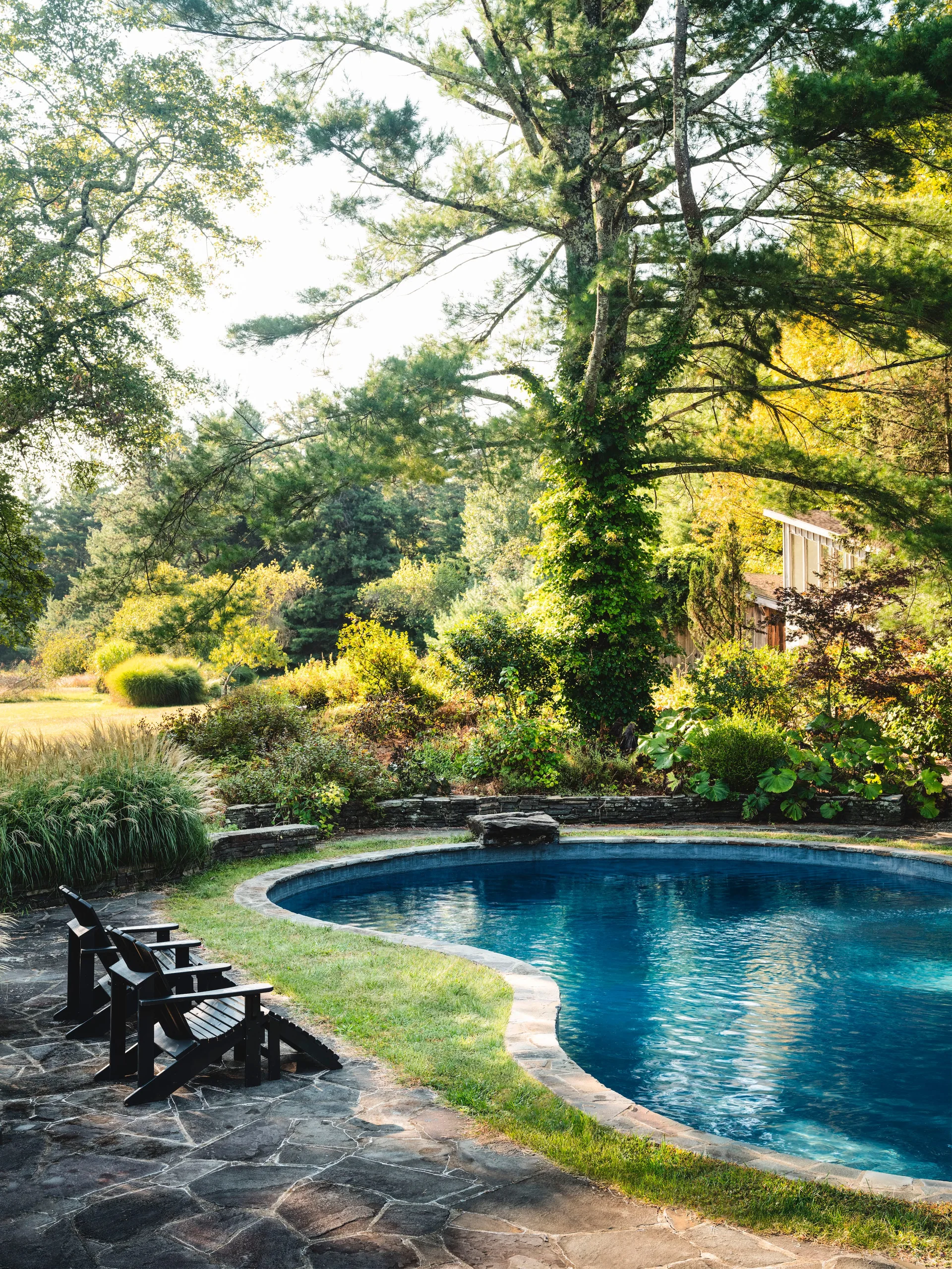 A curved blue swimming pool is surrounded by a flagstone patio with black wooden lounge chairs and lush green trees in the background.