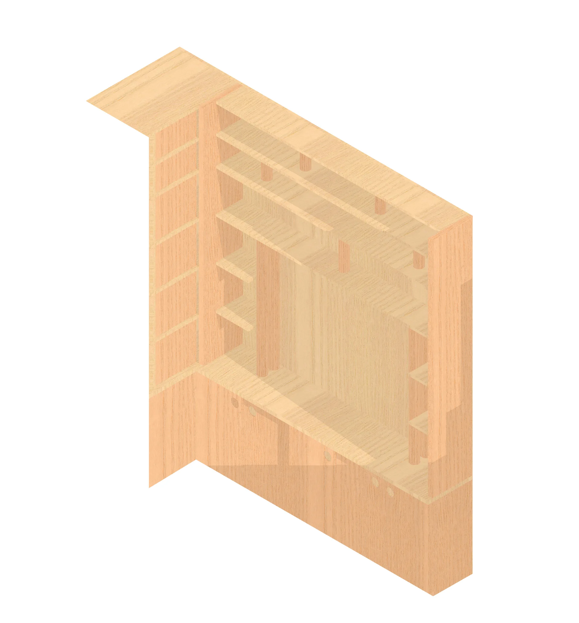 An isometric 3D render of a modular built-in light wood cabinetry unit with integrated shelving and closed lower cabinets.