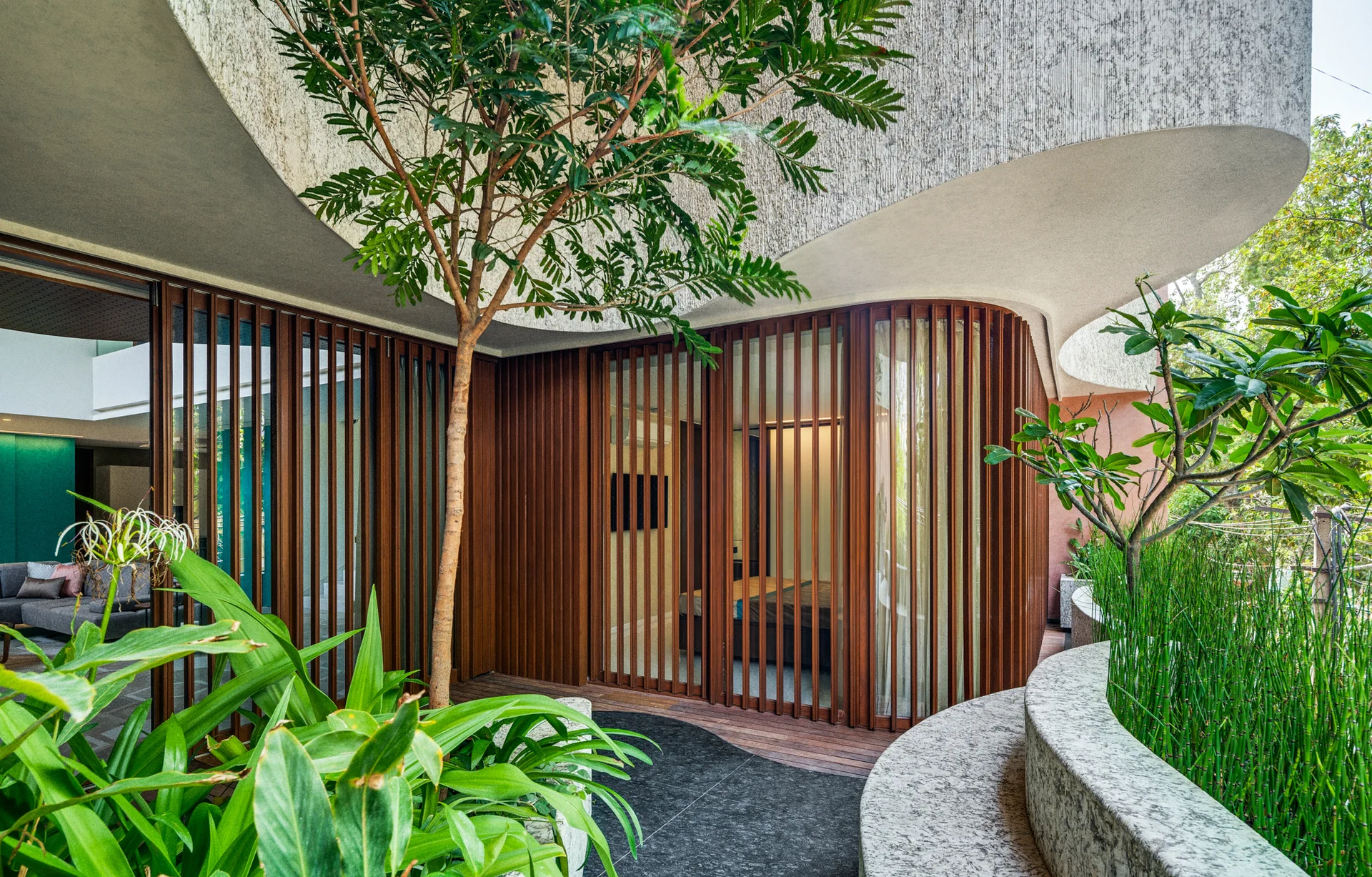 An outdoor terrace features a curved stucco overhang, vertical wood slat screens, and a curved stone planter filled with tall green reeds.