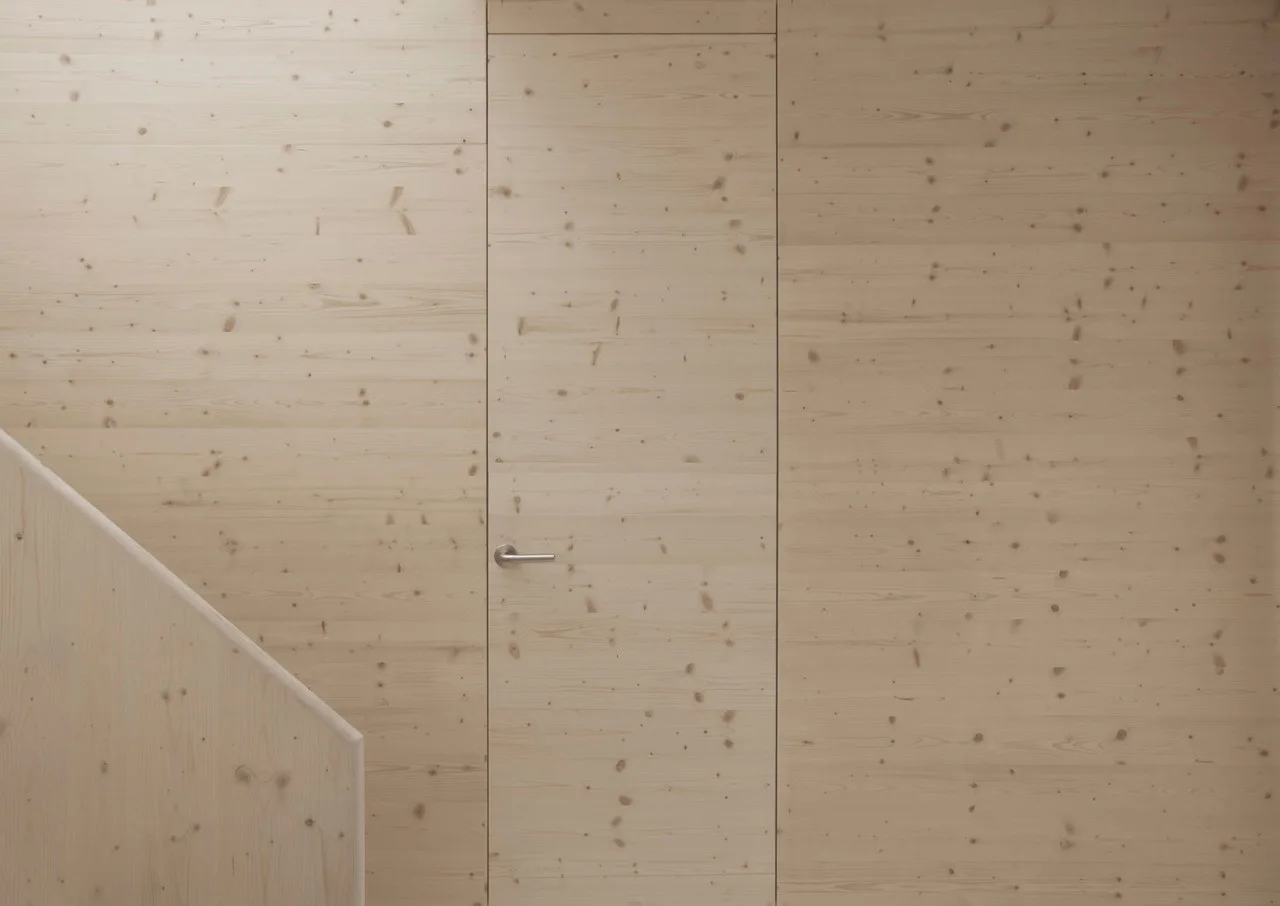 A minimalist hallway features walls covered in light-colored knotty wood paneling with an integrated flush door and a metallic lever handle.
