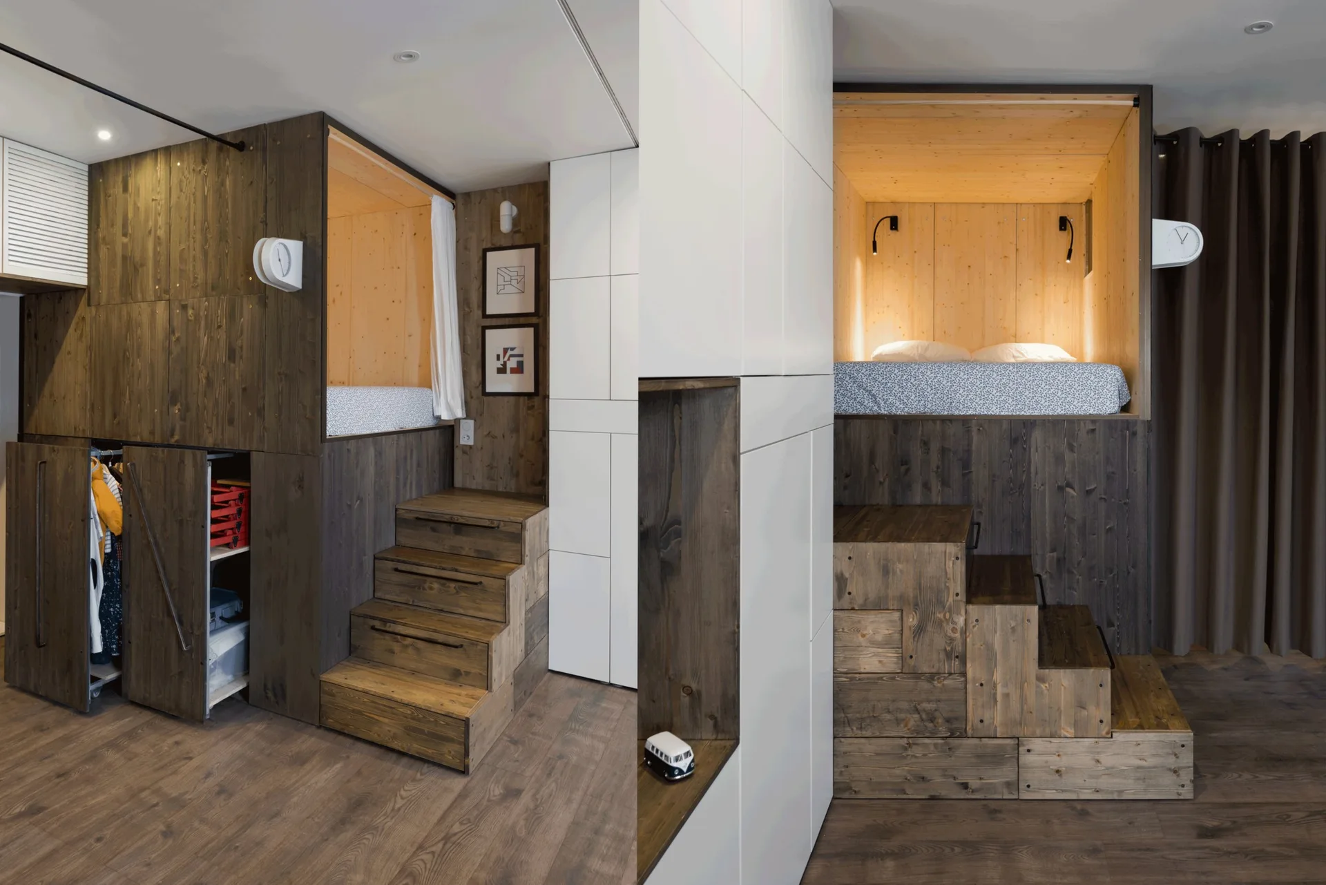 A custom wooden loft bed structure with integrated storage stairs, a pull-out closet, and a recessed sleeping niche.