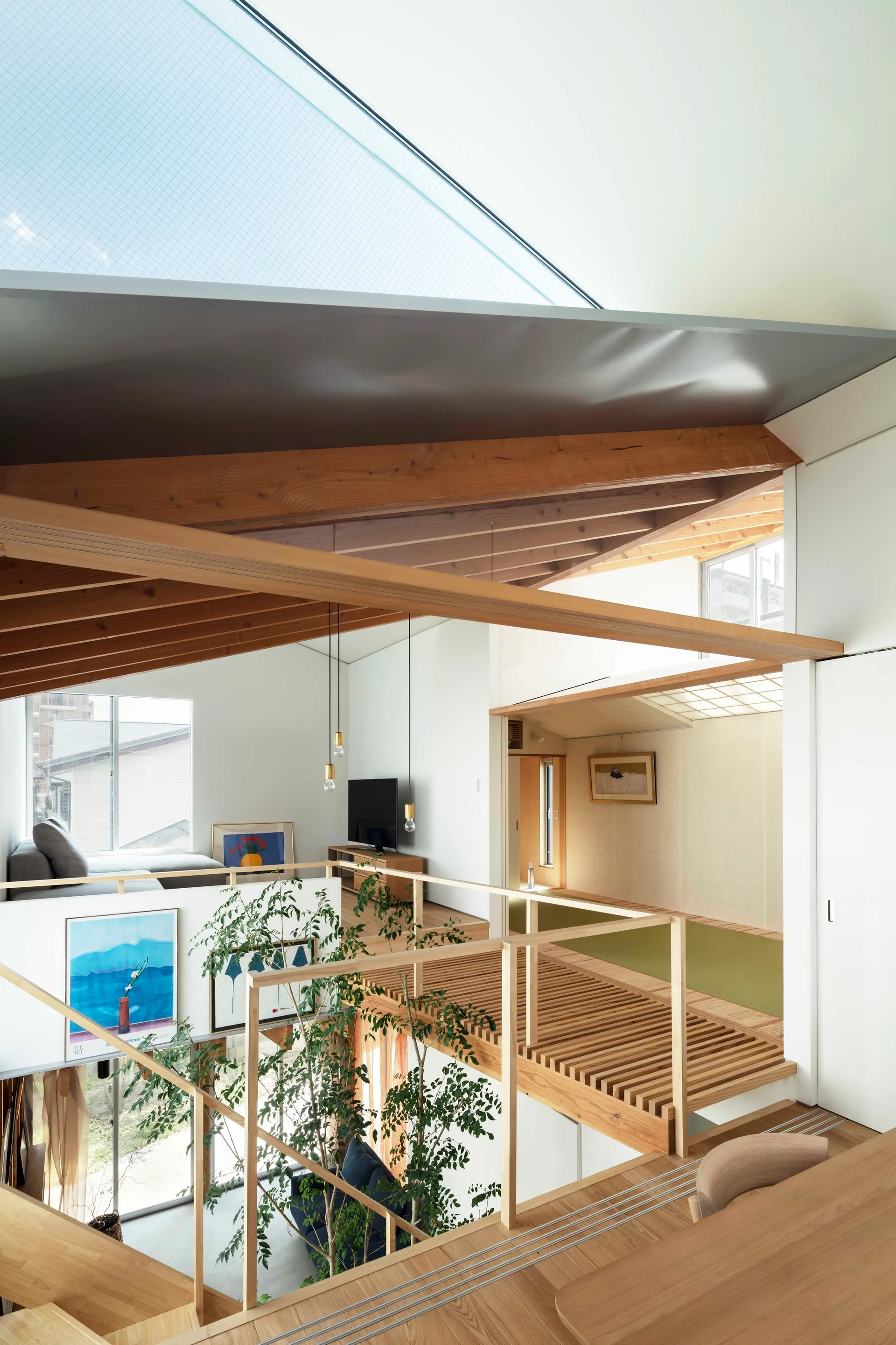 A modern multi-level interior featuring exposed wood ceiling rafters, a large skylight, a slatted timber walkway, and a tall indoor tree.