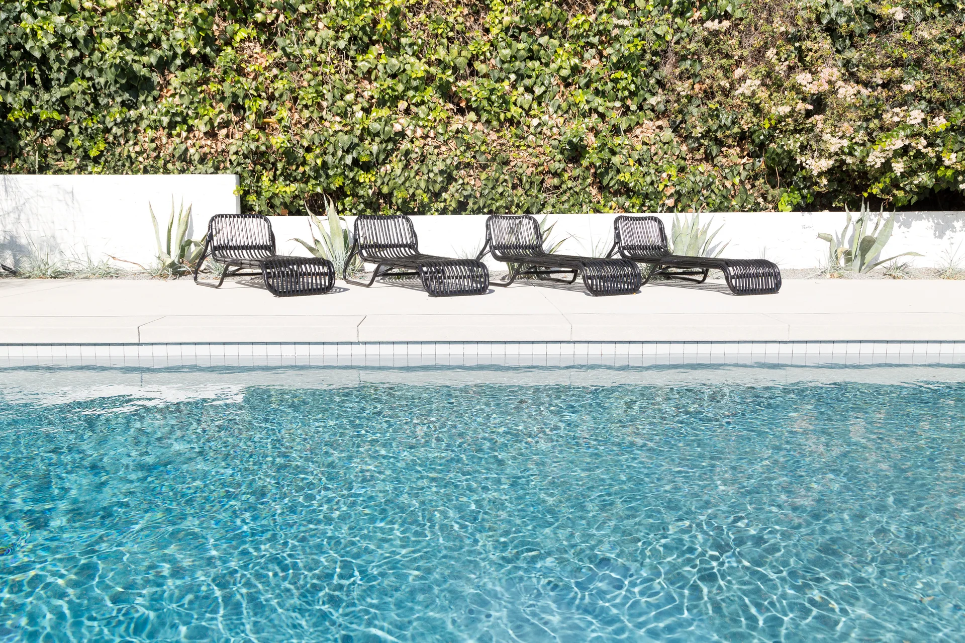 Four black slatted lounge chairs sit on a white concrete patio beside a blue swimming pool in front of an ivy-covered wall.
