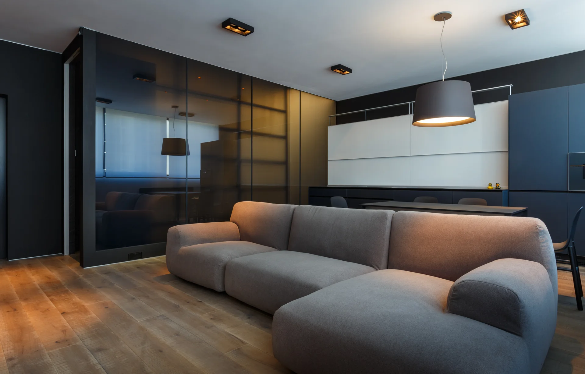 A grey sectional sofa sits on wood floors in a dark modern room featuring a tinted glass partition wall and black built-in cabinets.