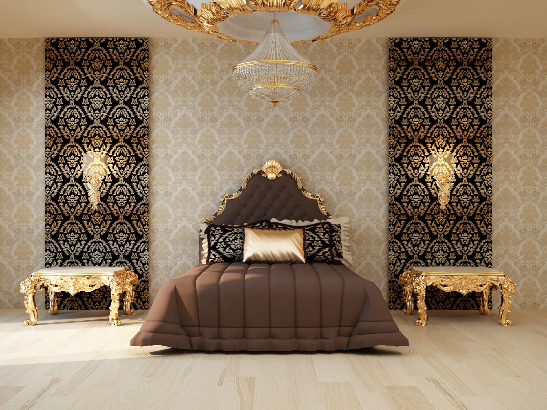 A symmetrical bedroom features a dark brown tufted bed flanked by ornate gold nightstands, matching sconces, and bold black and gold damask wallpaper.