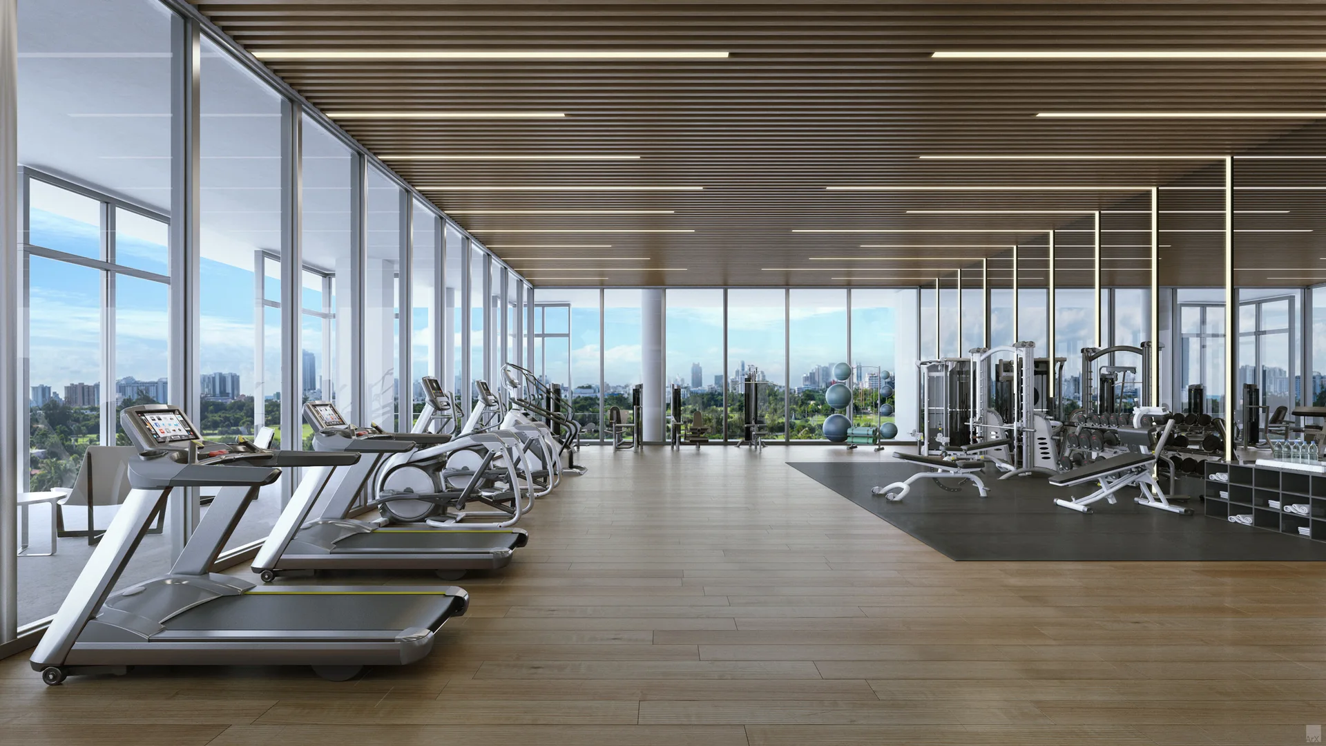 A modern fitness center featuring wood plank floors, a slatted wood ceiling with recessed linear lights, treadmills, and floor-to-ceiling windows.