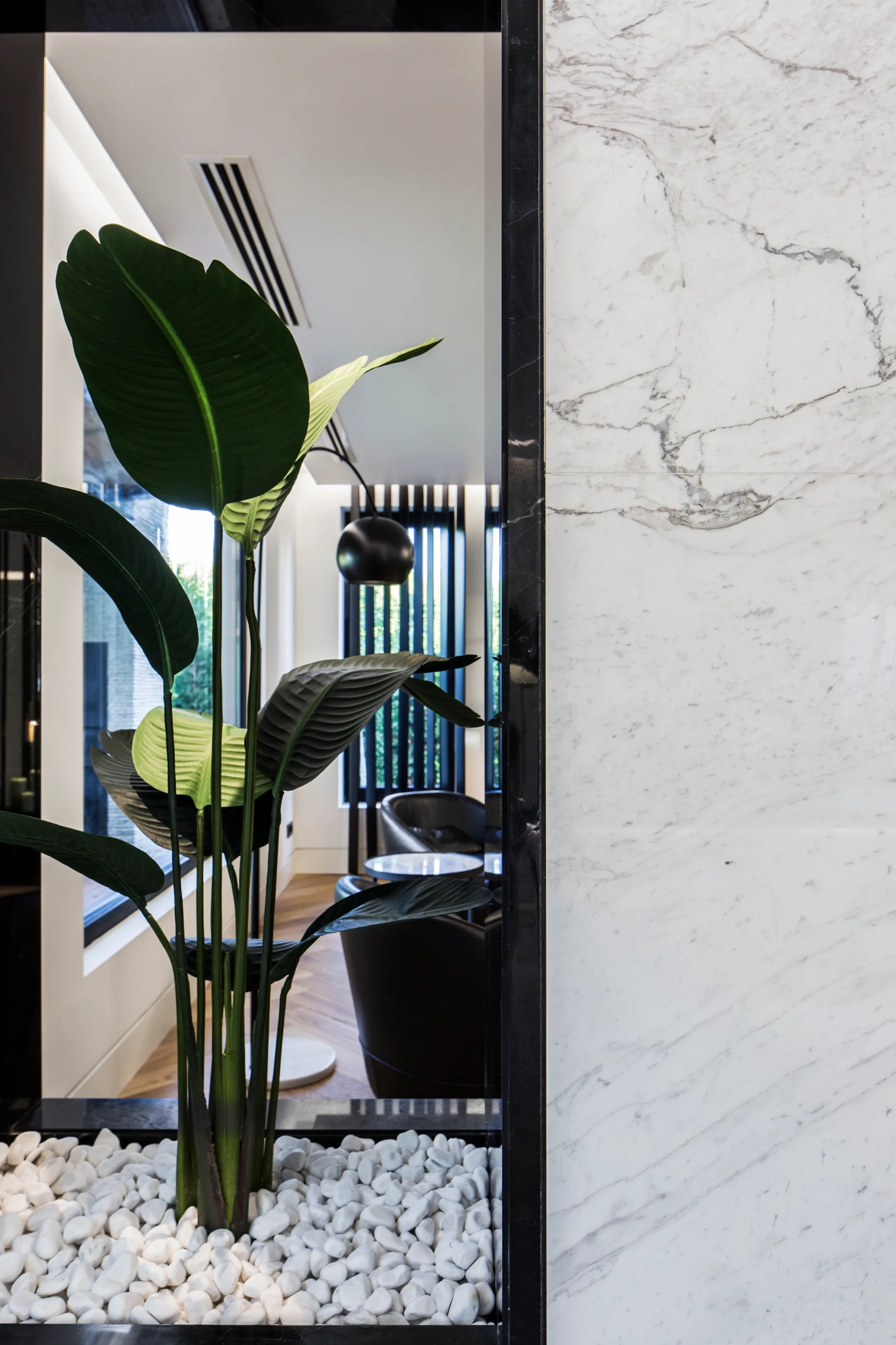 A white marble wall with a rectangular cutout framing a green leafy plant sitting in white pebbles, revealing a modern living space behind.