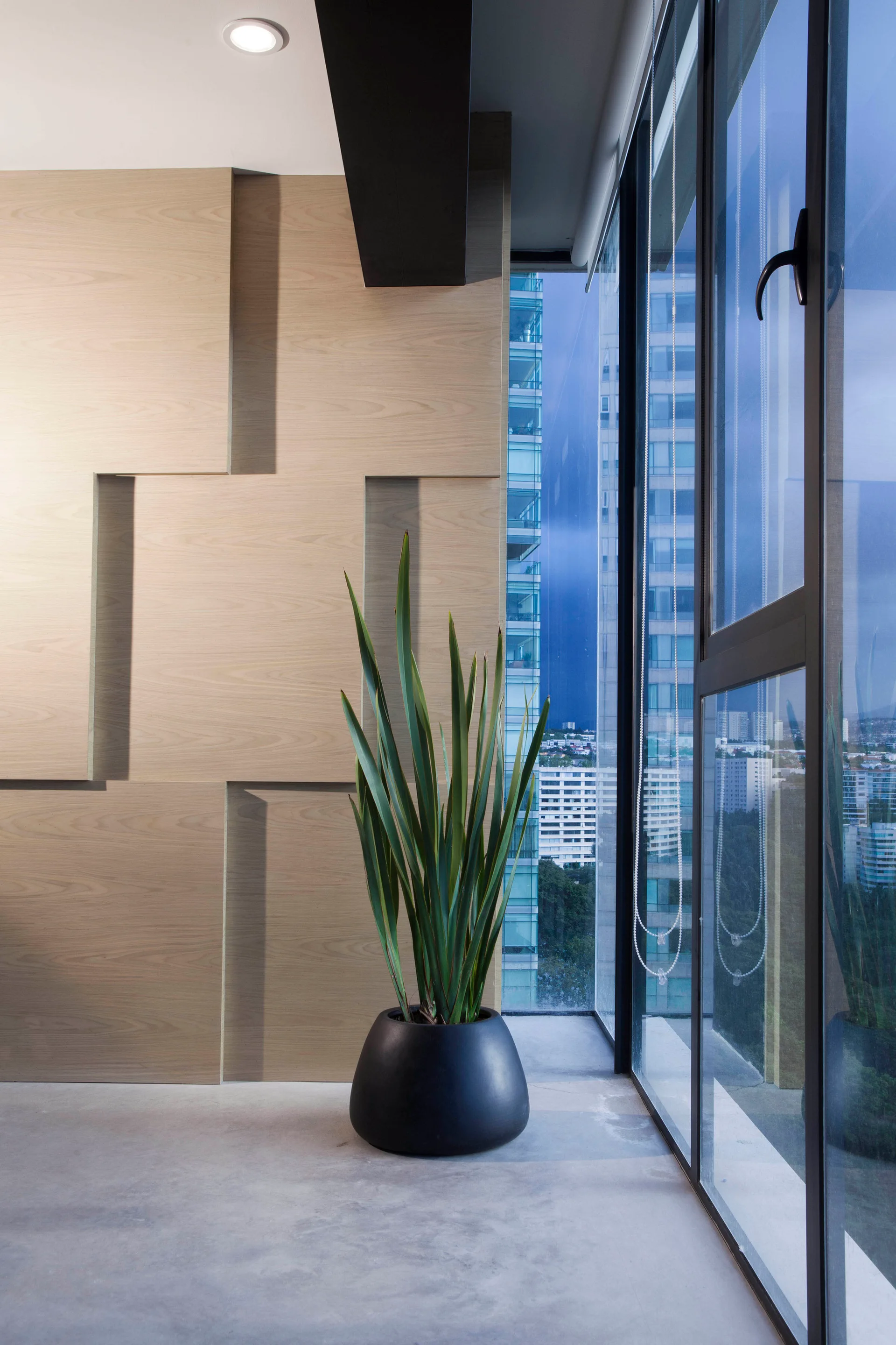 A modern minimalist interior corner features layered geometric wood wall paneling, a tall green plant in a round black pot, and floor-to-ceiling windows.