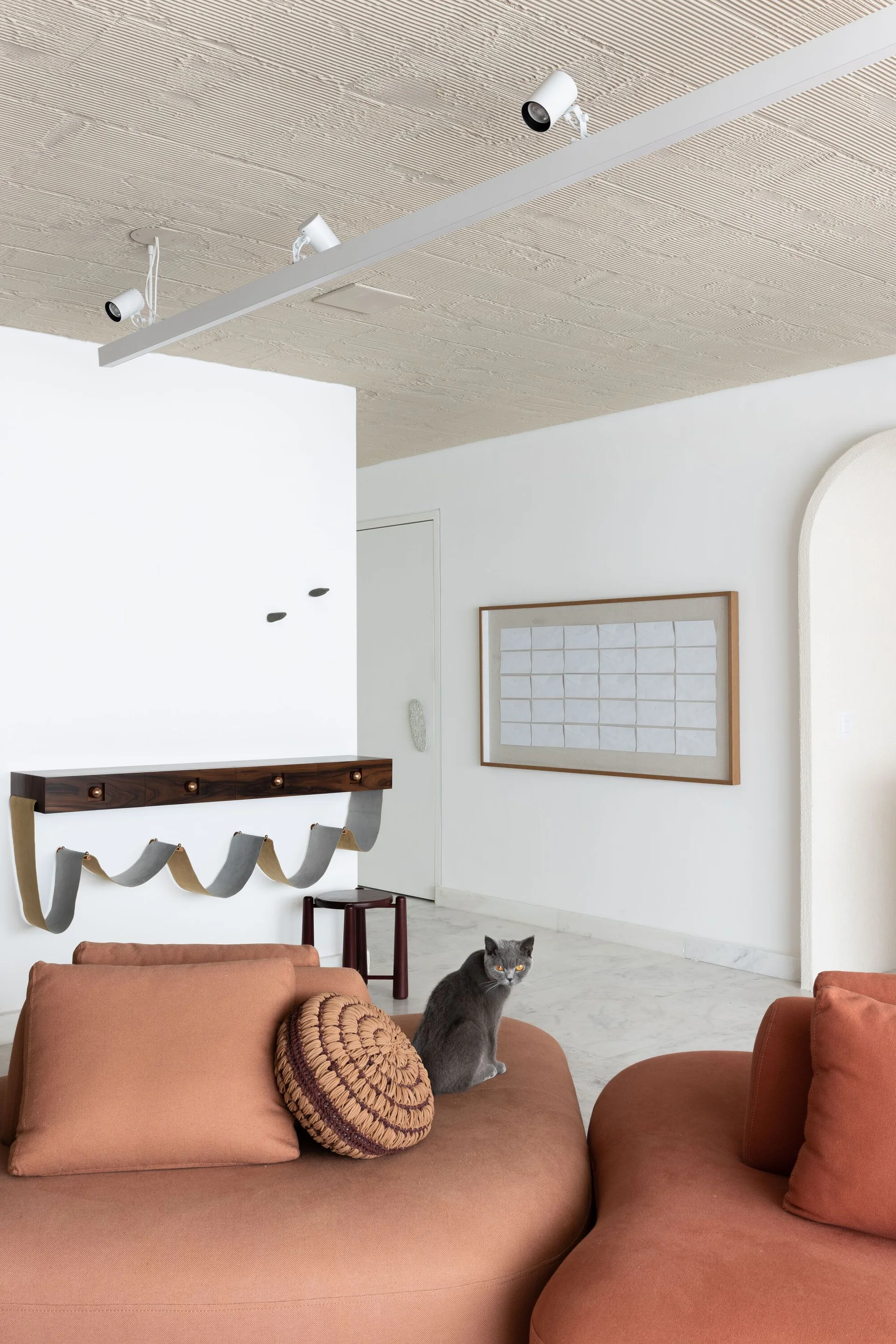 A minimalist living room featuring a curved rust-colored sofa, a dark wood wall console, and a linearly textured beige ceiling.