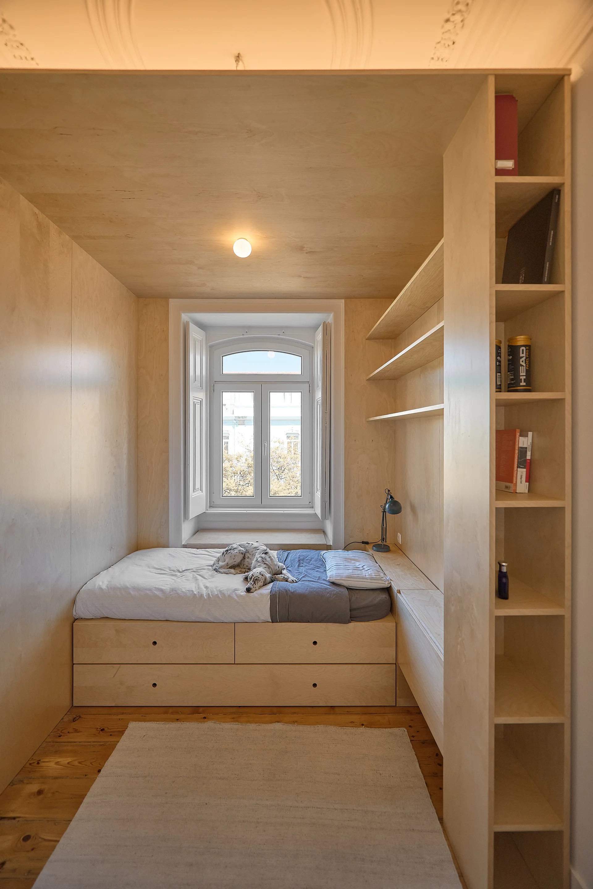 A small bedroom alcove clad in light birch plywood features an integrated platform bed, custom shelving, and an arched window with white shutters.