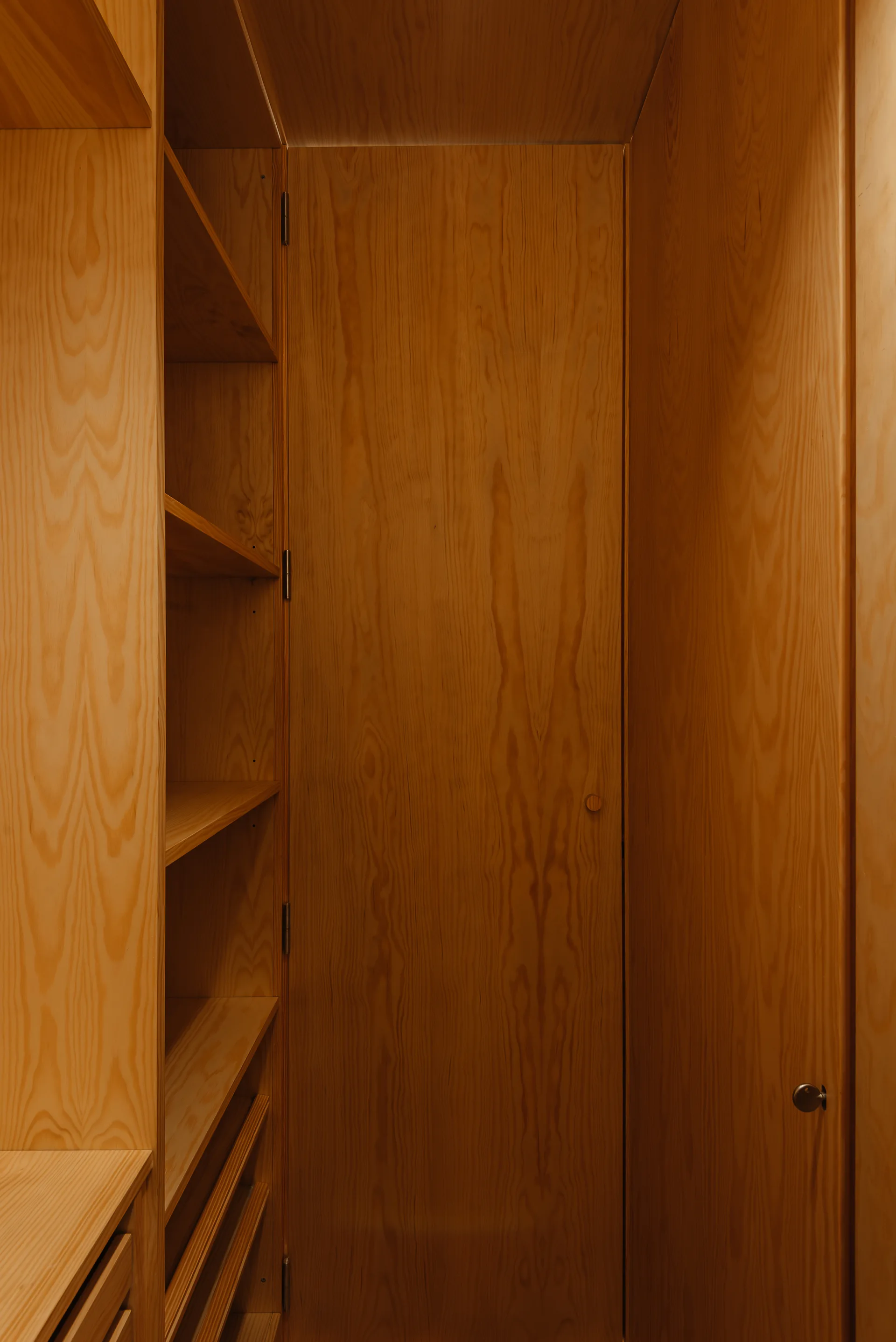 A custom built-in warm wood closet with open shelves on the left and a tall integrated flush door with a small metal doorknob.