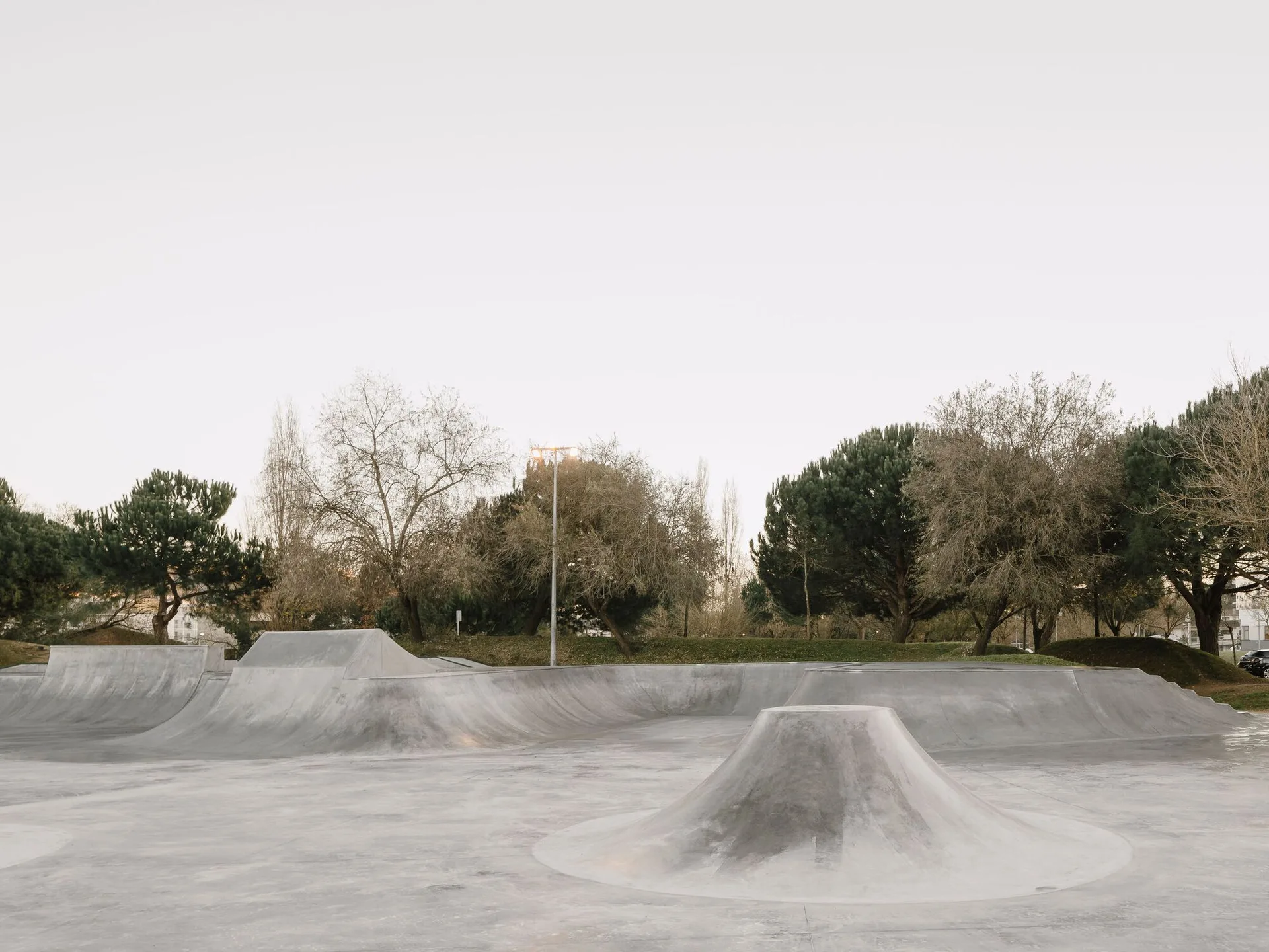 An outdoor public concrete skate park features smooth grey ramps, sculptural mounds, and a background of mature green trees under a pale sky.