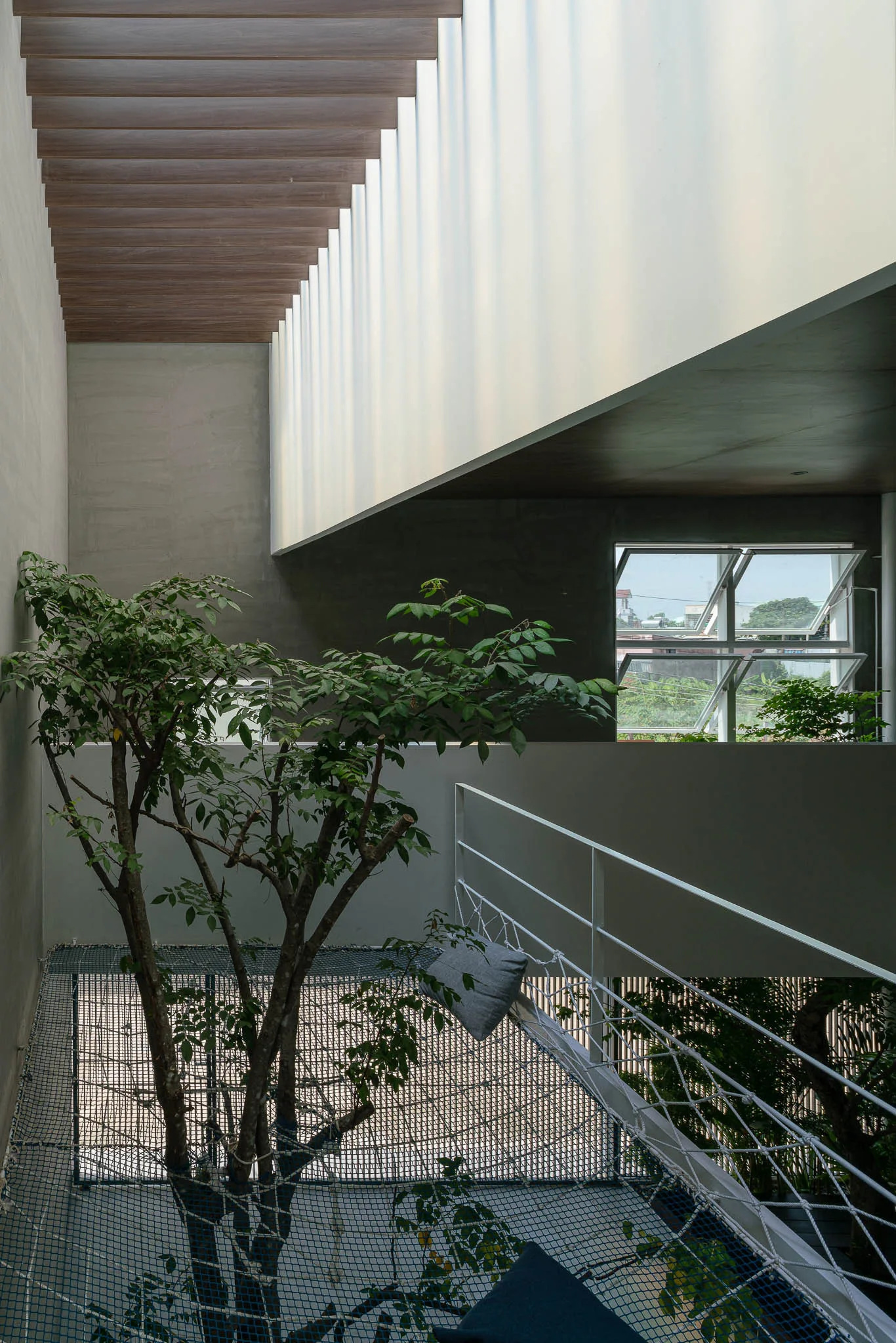 A multi-level interior features a large indoor tree growing through a suspended black mesh floor net beneath a slatted wood ceiling.