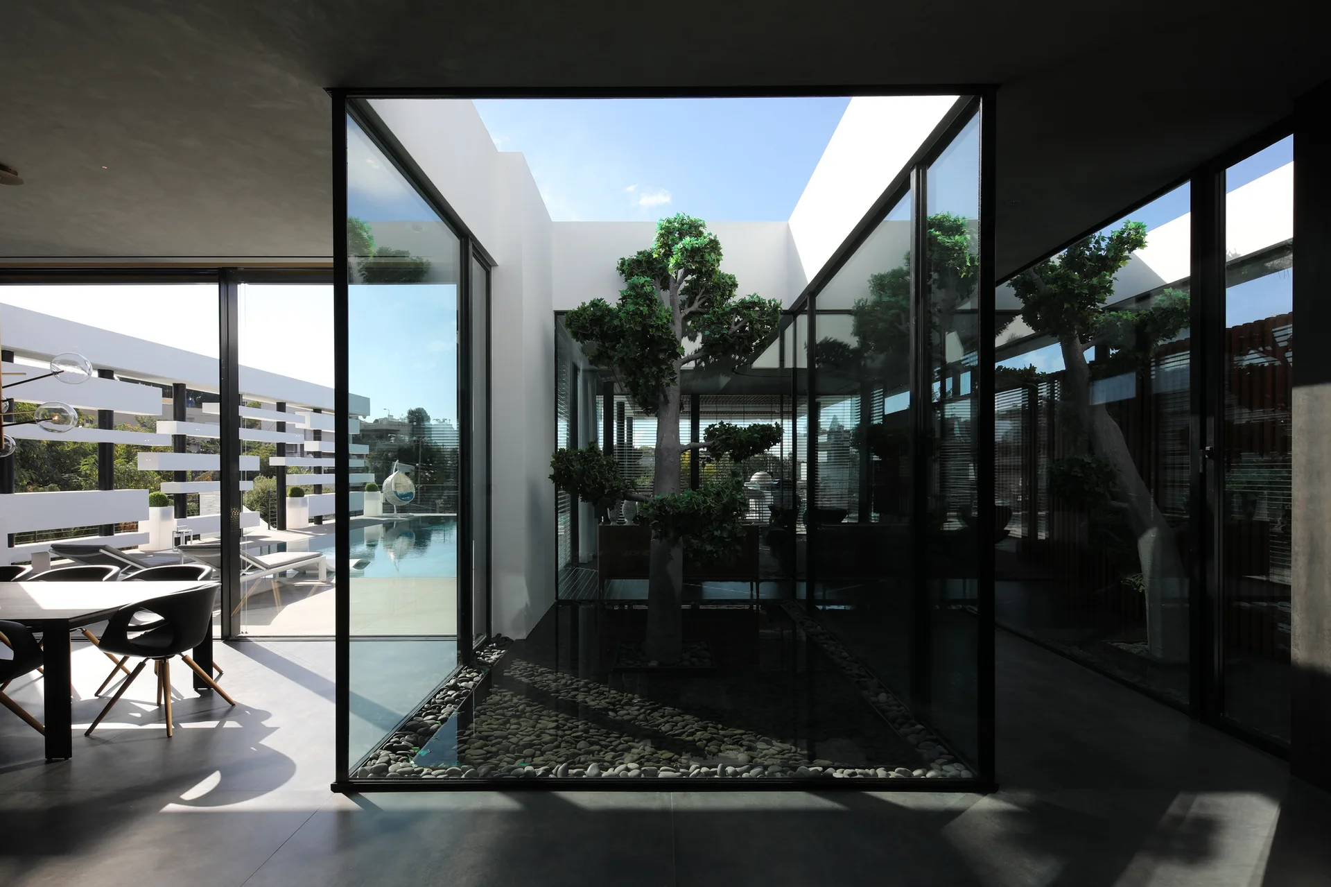 A minimalist modern interior featuring a glass-walled central courtyard with a tree, a dining area, and a swimming pool in the background.