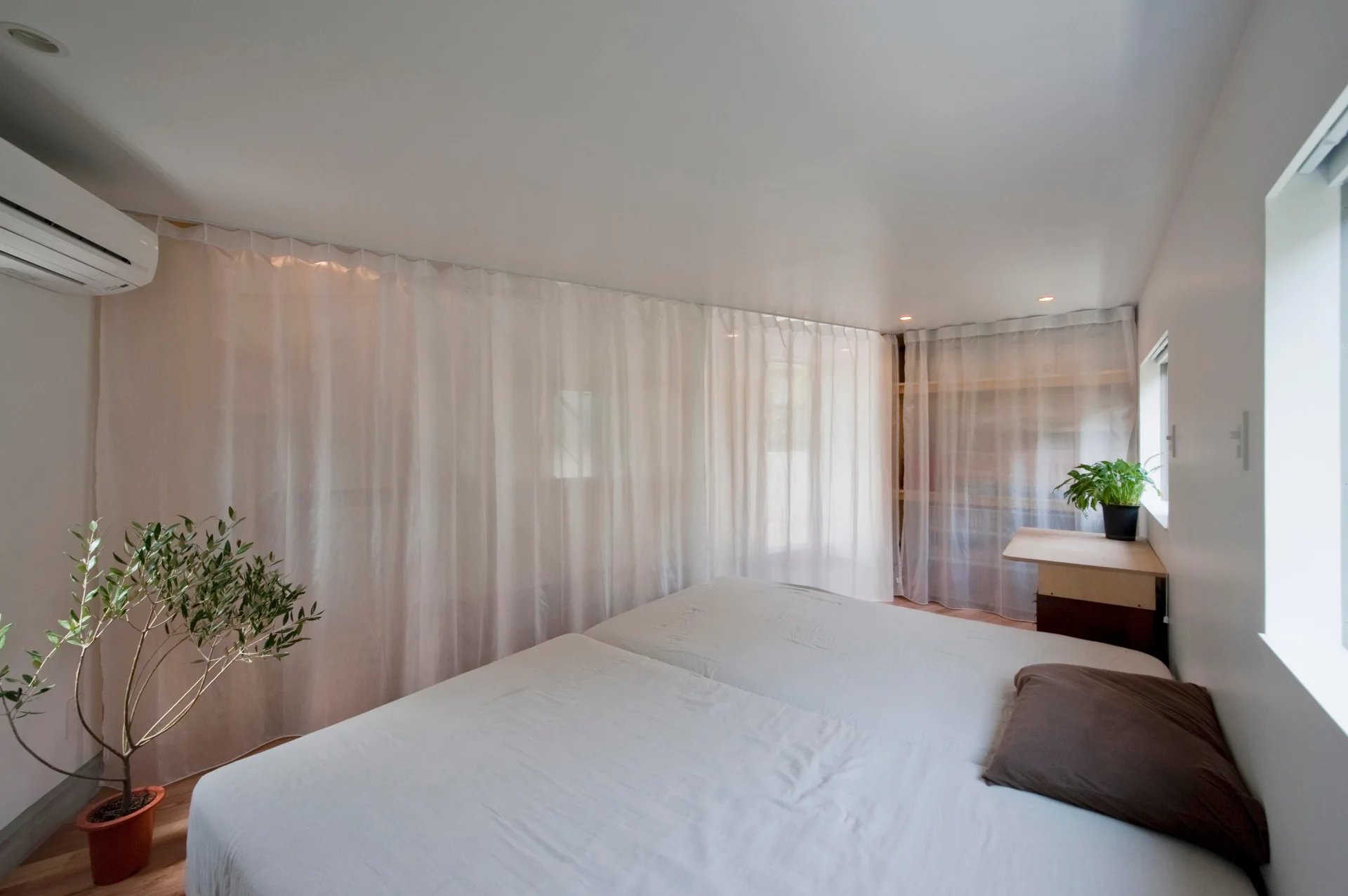 A minimalist bedroom featuring a large bed with white bedding, sheer floor-to-ceiling white curtains, and a potted plant on light wood floors.