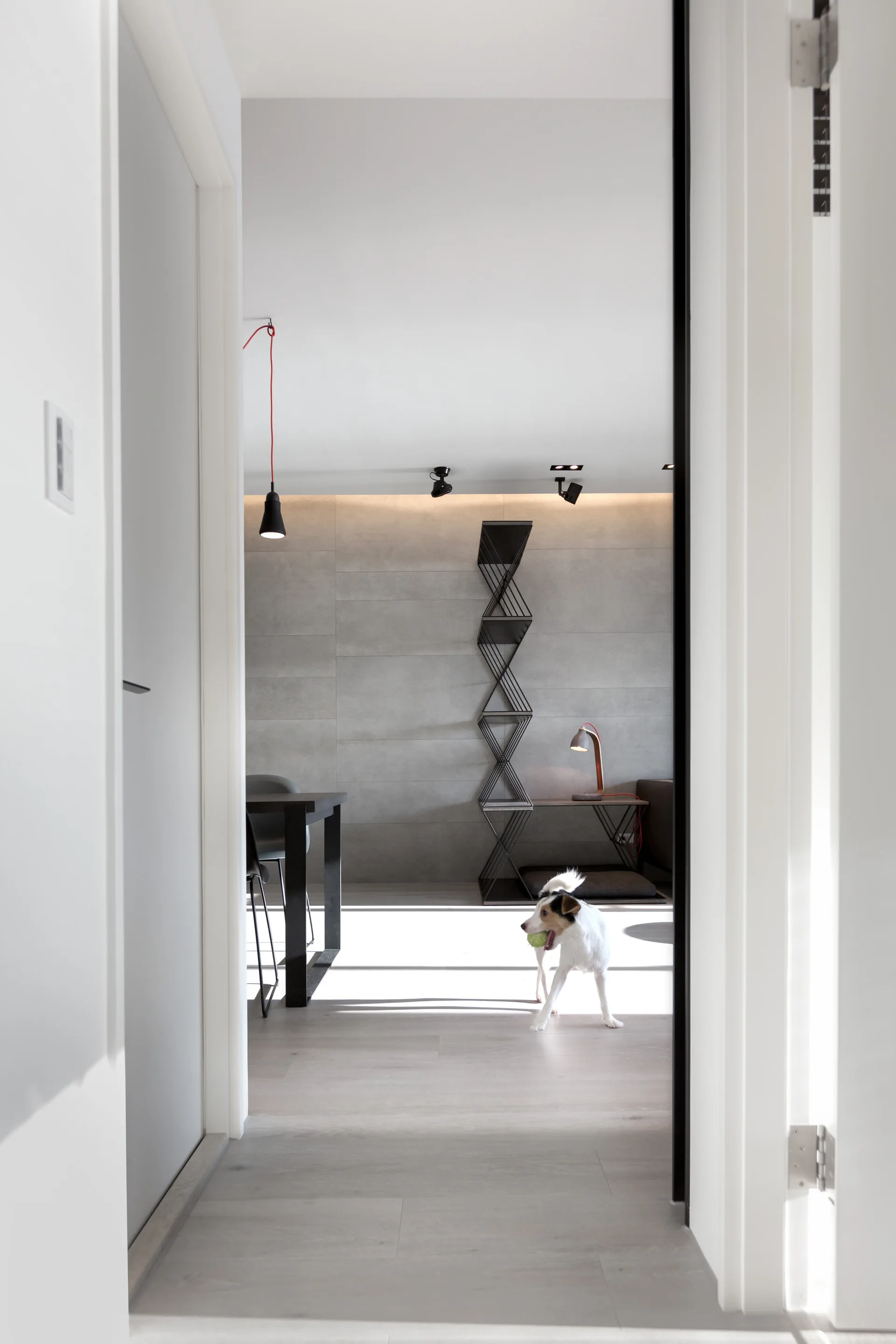 A view through a white doorway into a modern living room featuring a grey tiled wall, a tall angular black shelf, and light flooring.