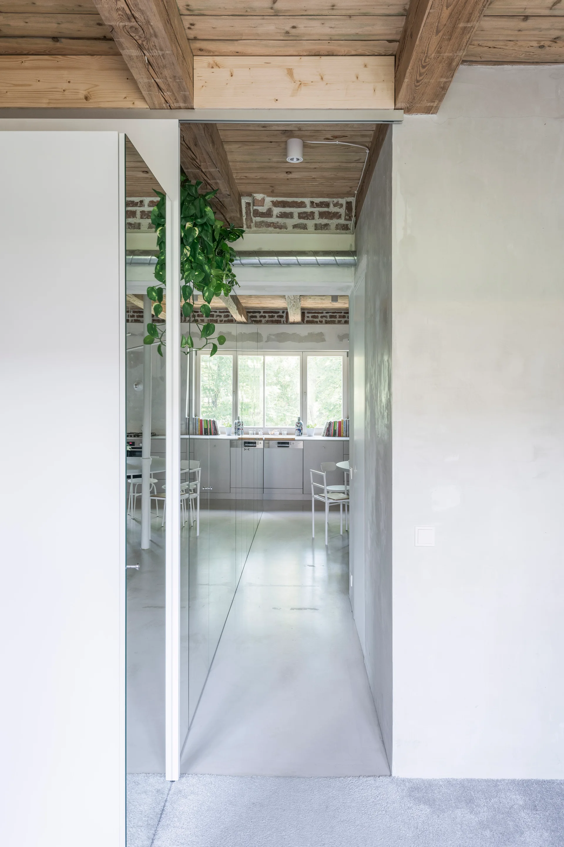 A view through a glass door into a kitchen with minimalist cabinetry, exposed wood ceiling beams, a hanging plant, and brick wall details.