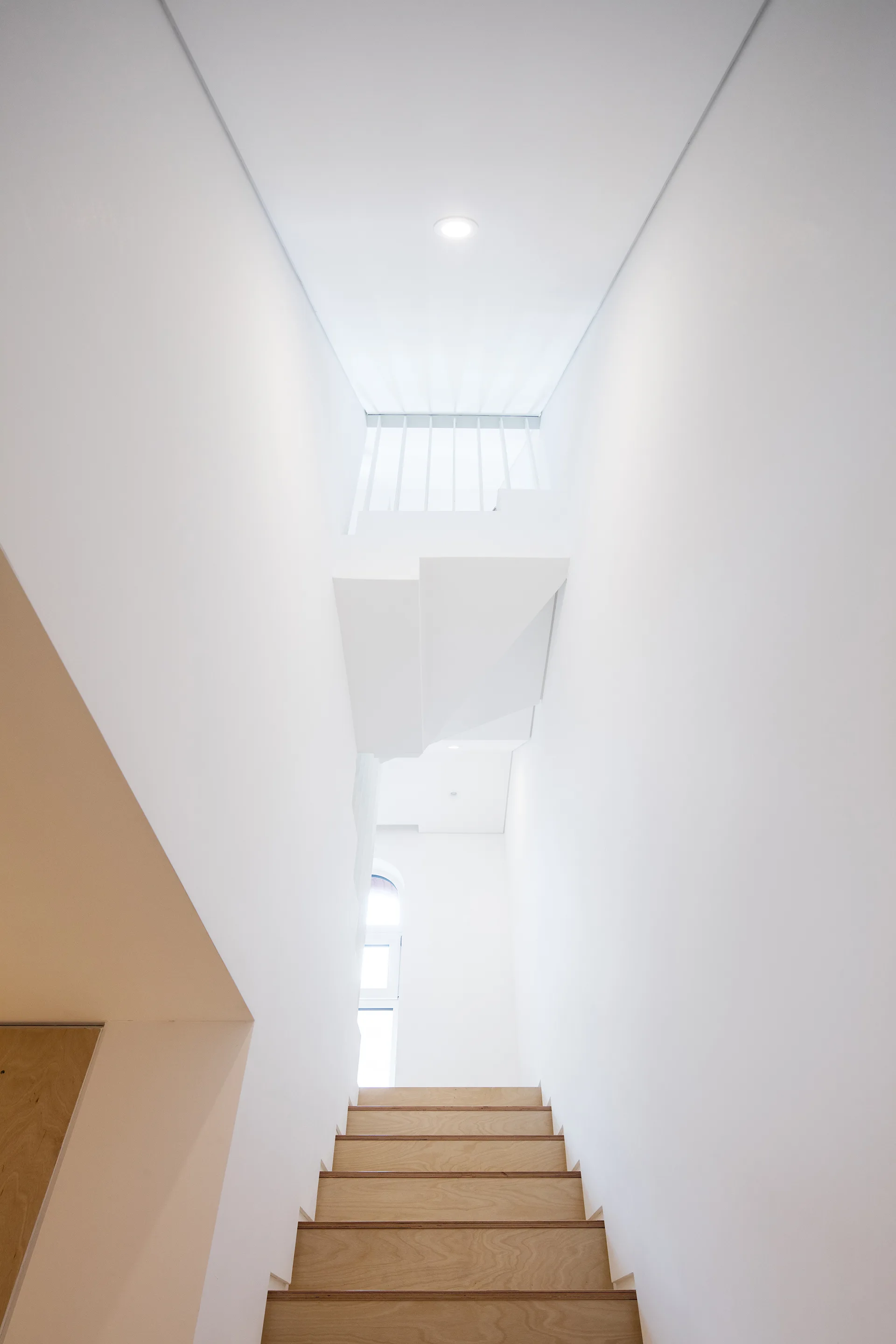 Looking up a modern staircase with natural wood steps, smooth white walls, and a minimalist ceiling design.