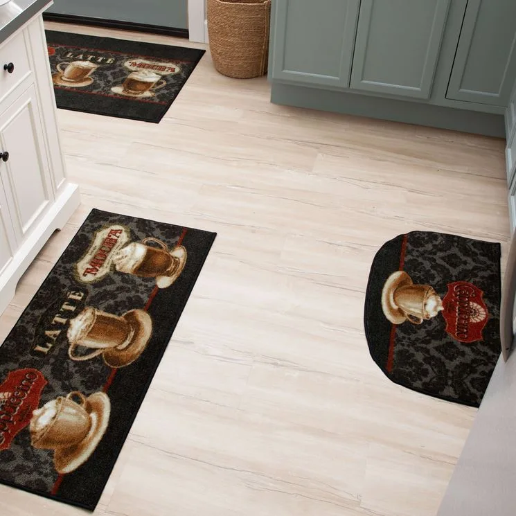 Light wood-grain kitchen floor features three dark coffee-themed accent rugs positioned near blue-grey and white cabinetry.