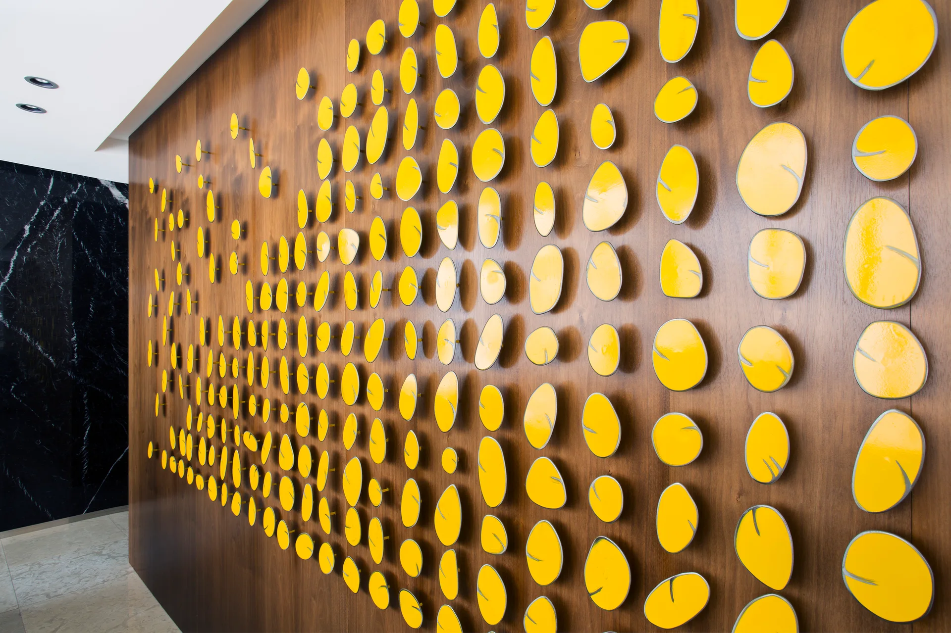 Bright yellow organic-shaped decorative pieces are mounted in a grid pattern on a dark wood wall next to a black marble section.
