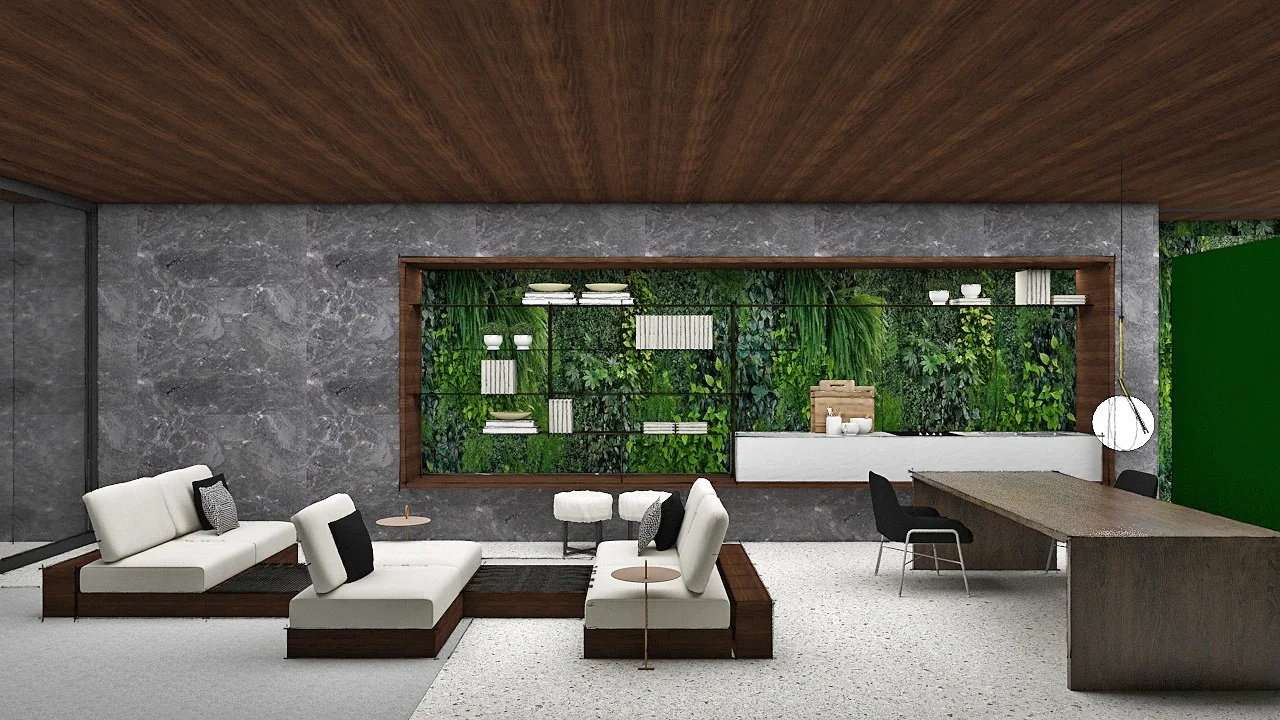 A modern open-plan living area features low-profile modular sofas, a wood plank ceiling, and a large recessed shelf unit filled with a lush vertical garden.