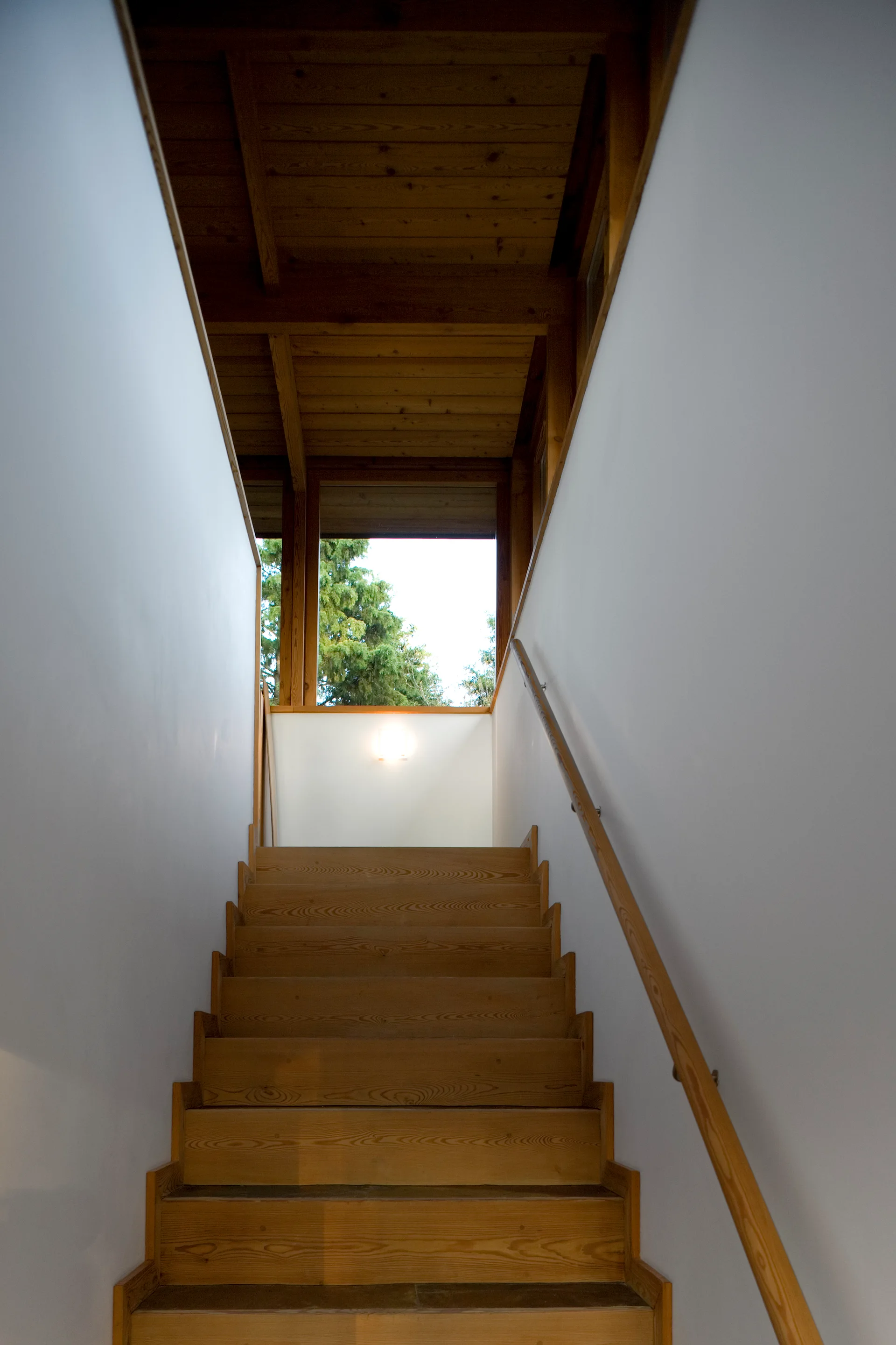 A straight wooden staircase with a matching wood handrail is flanked by plain white walls under a wood-paneled ceiling.