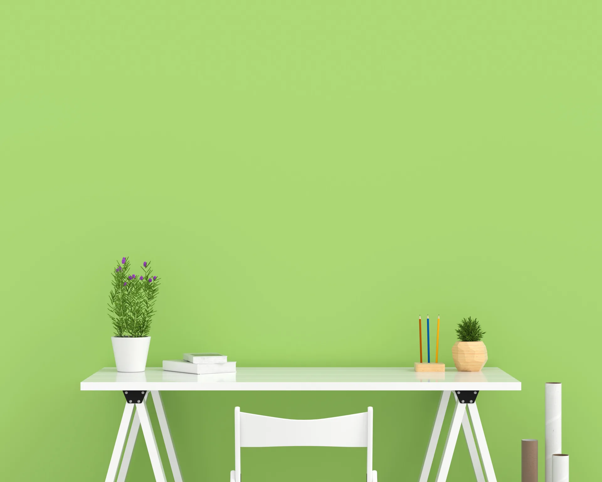 A minimalist home office features a white trestle desk and chair positioned against a bright matte lime green wall.