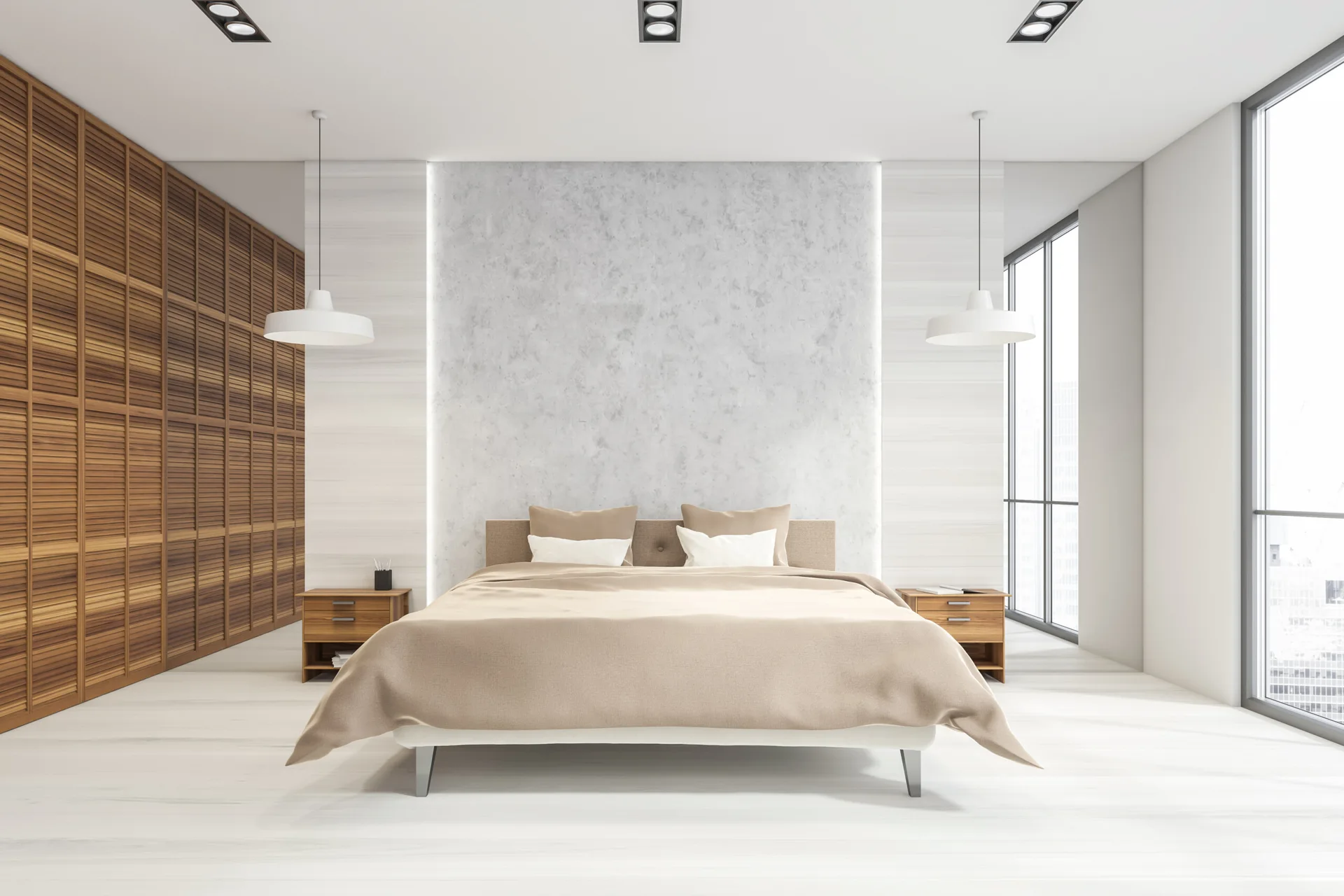A minimalist bedroom features a beige bed flanked by wooden nightstands and white pendant lights under a textured stone wall panel and wood-slatted wardrobe.