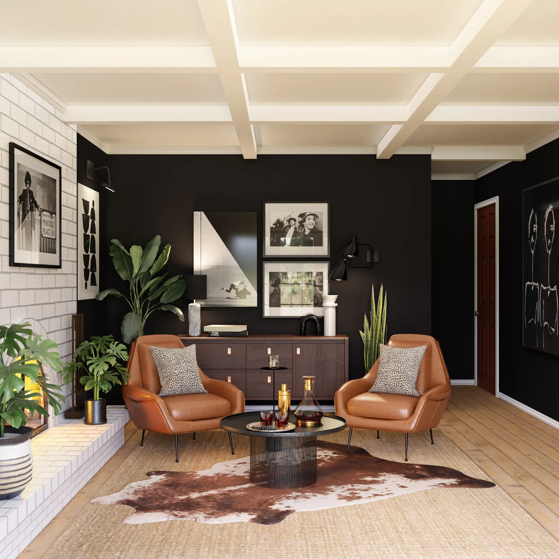 A living room features a matte black accent wall, two tan leather armchairs, a white brick fireplace, and a cowhide rug layered over a woven rug.