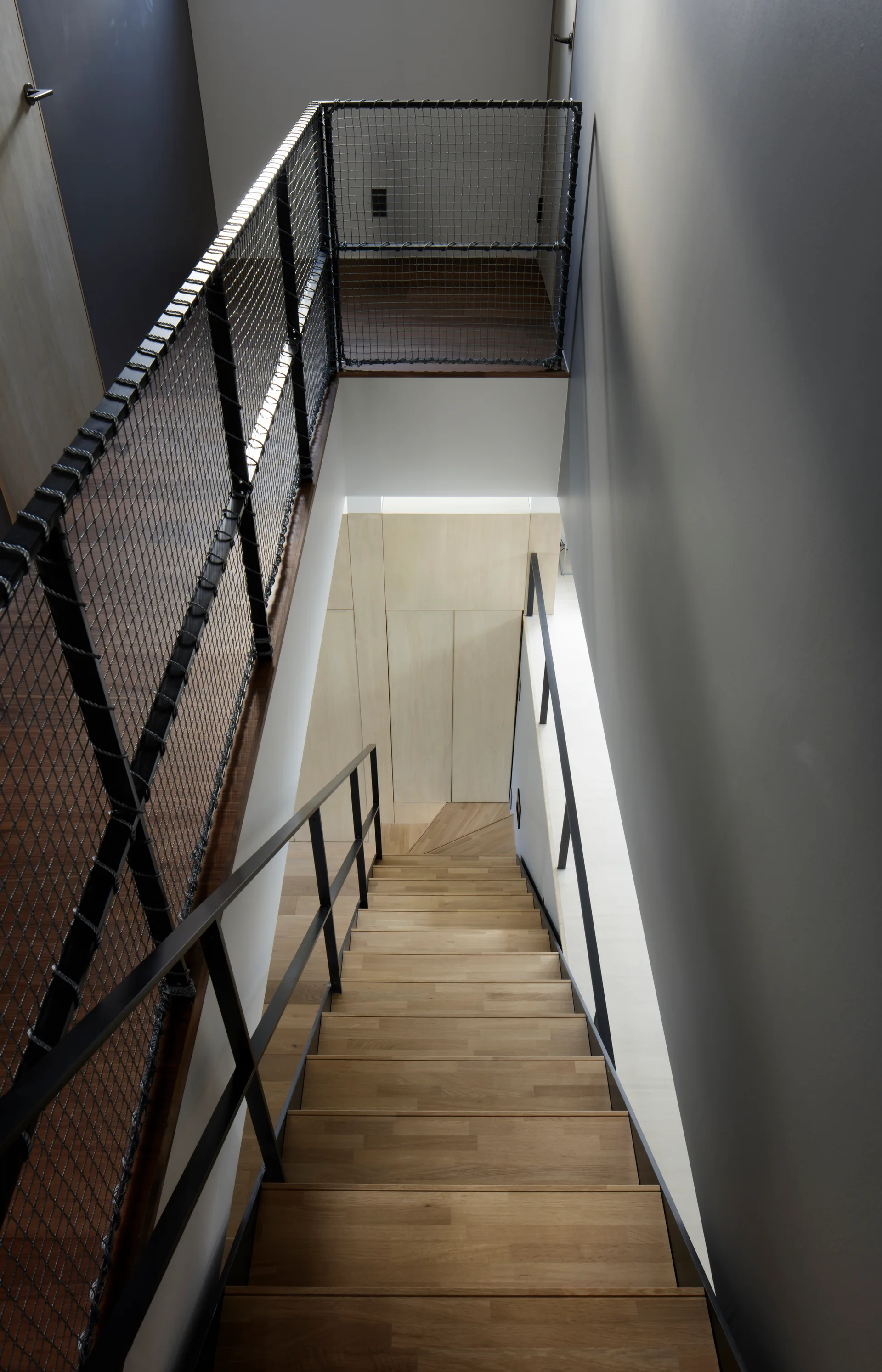 A high-angle view down a wooden staircase featuring a black metal railing with a wire mesh screen and smooth gray walls.