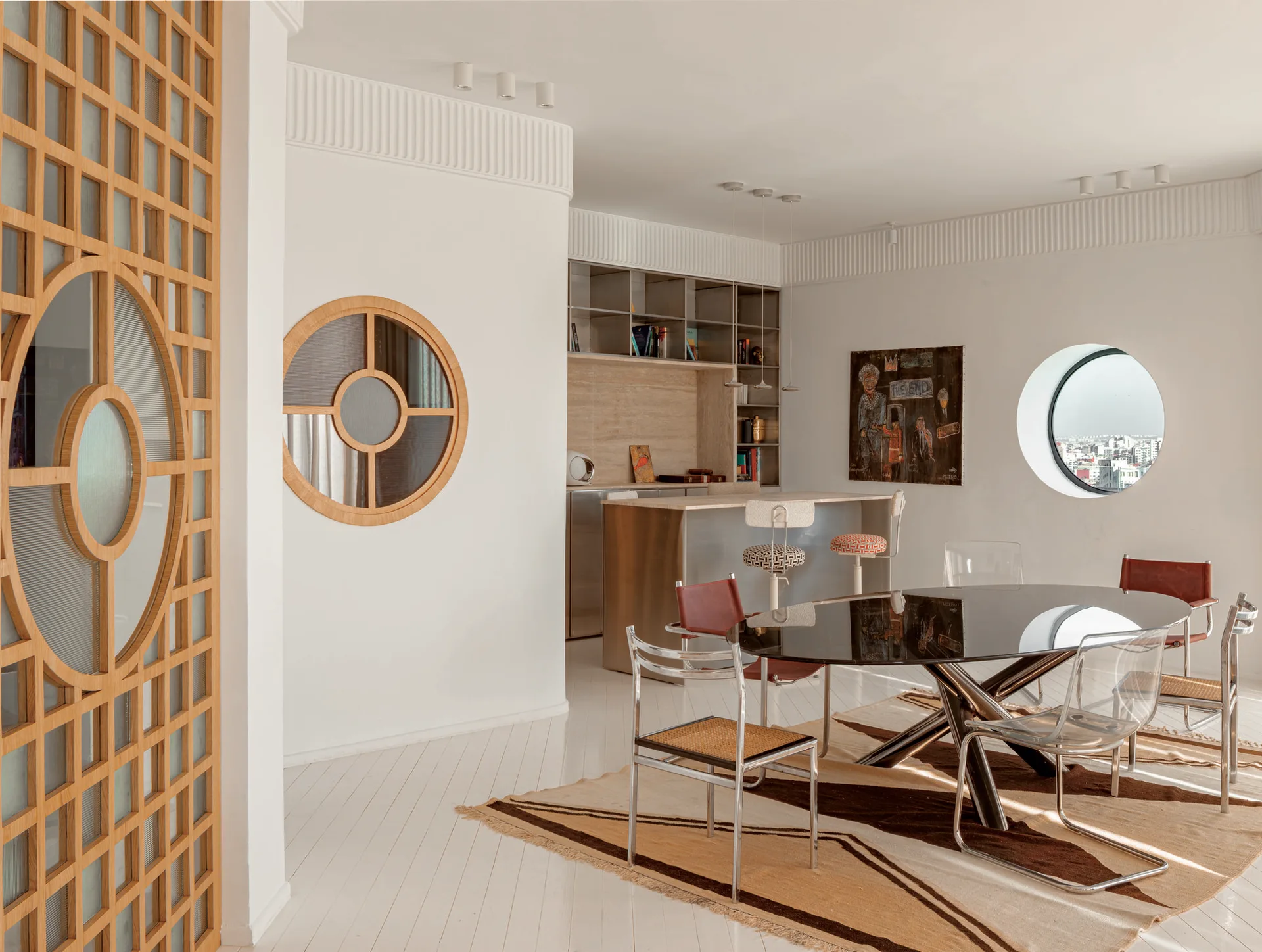 Penthouse Lyautey, Studio BO, Interior, Wood, Lighting, Table, Chair