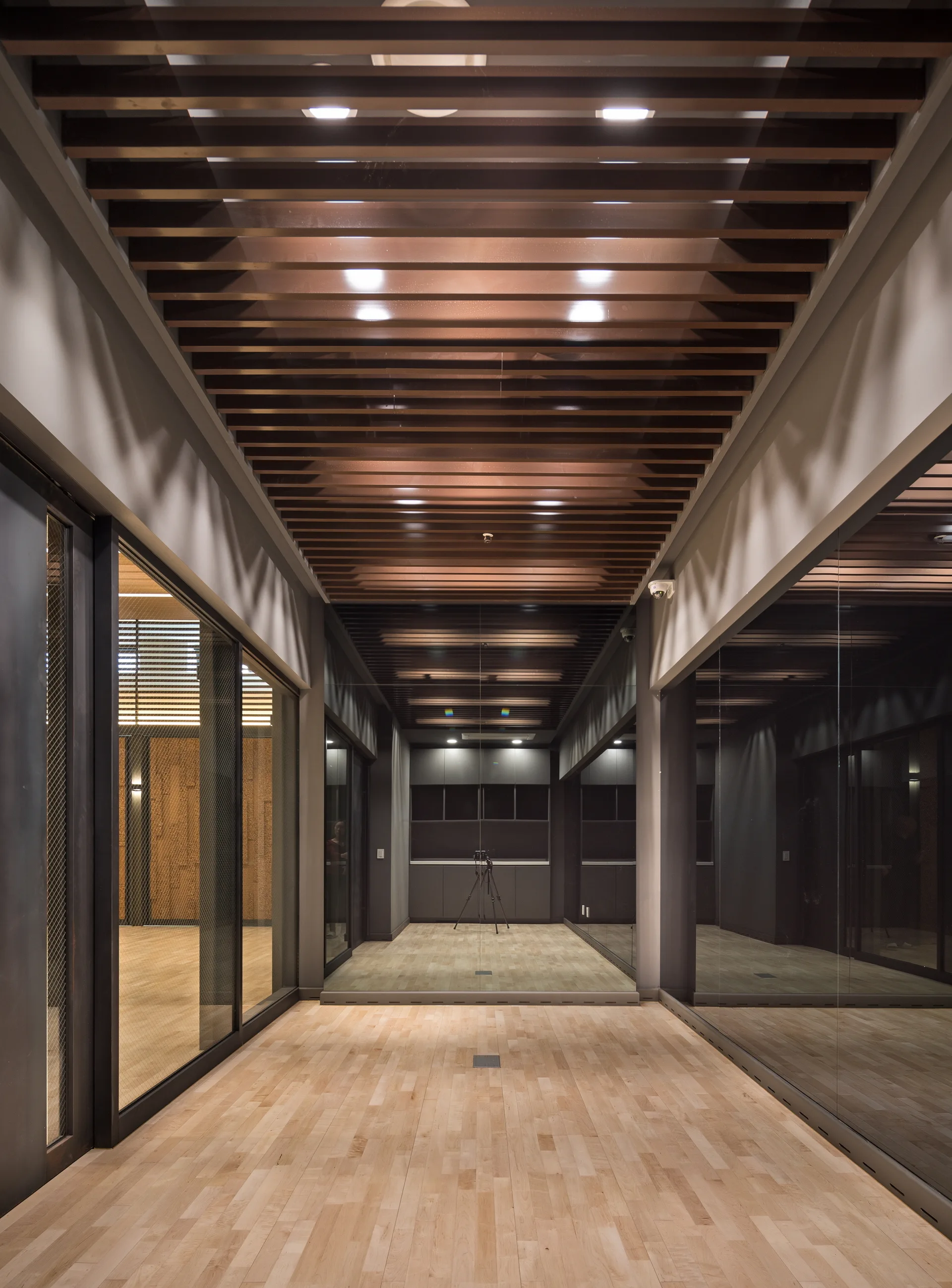 A modern hallway features a dark brown slatted wood ceiling with recessed lights, light wood plank flooring, and dark glass walls.