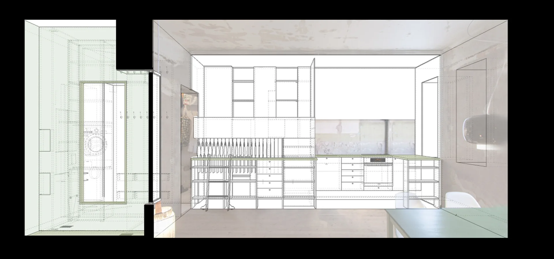 An architectural wireframe schematic overlays a minimalist kitchen layout, detailing the cabinet structure, built-in oven, and shelving.