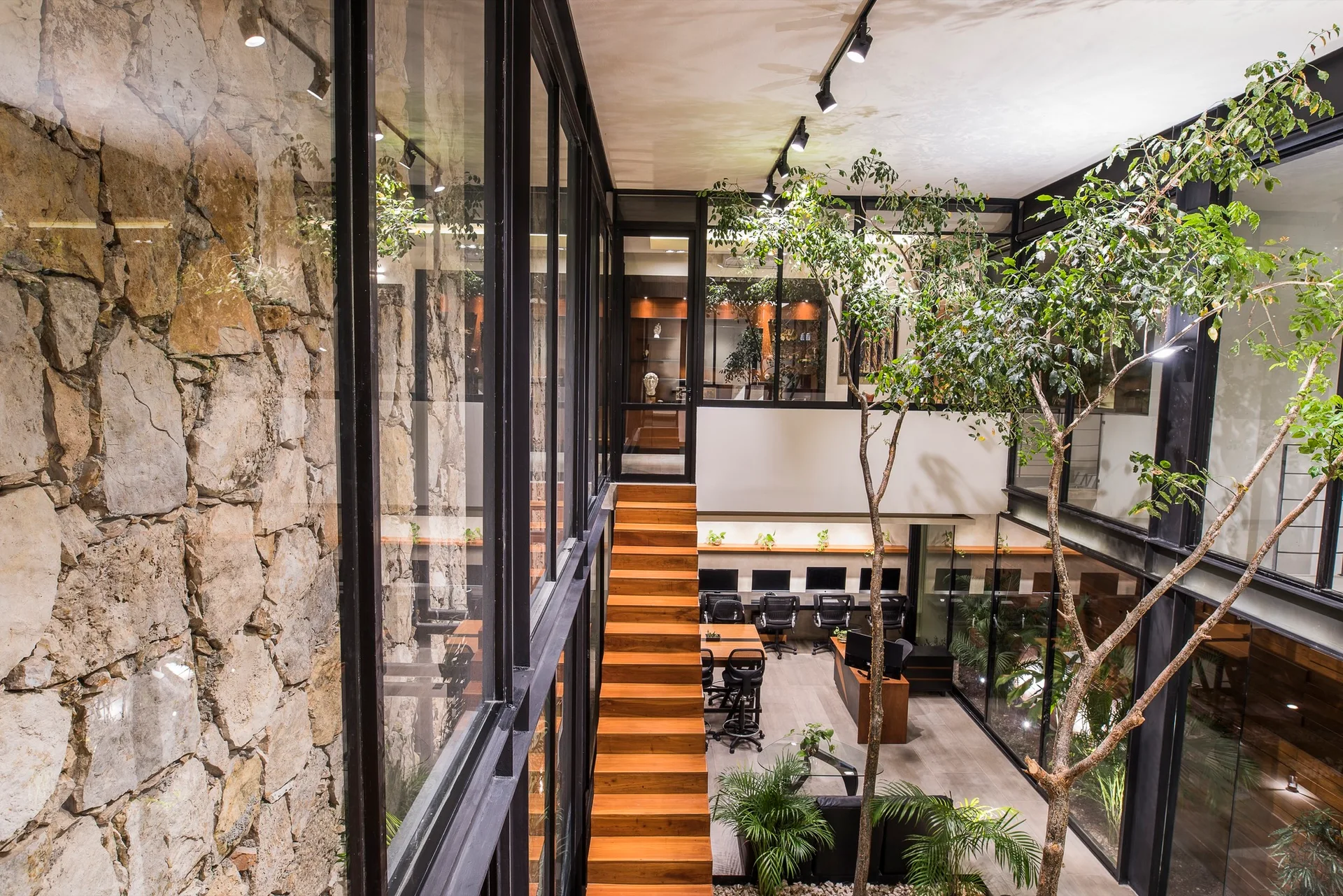 A multi-level office interior featuring a textured stone wall, a central wooden staircase, black metal glass framing, and tall indoor trees.
