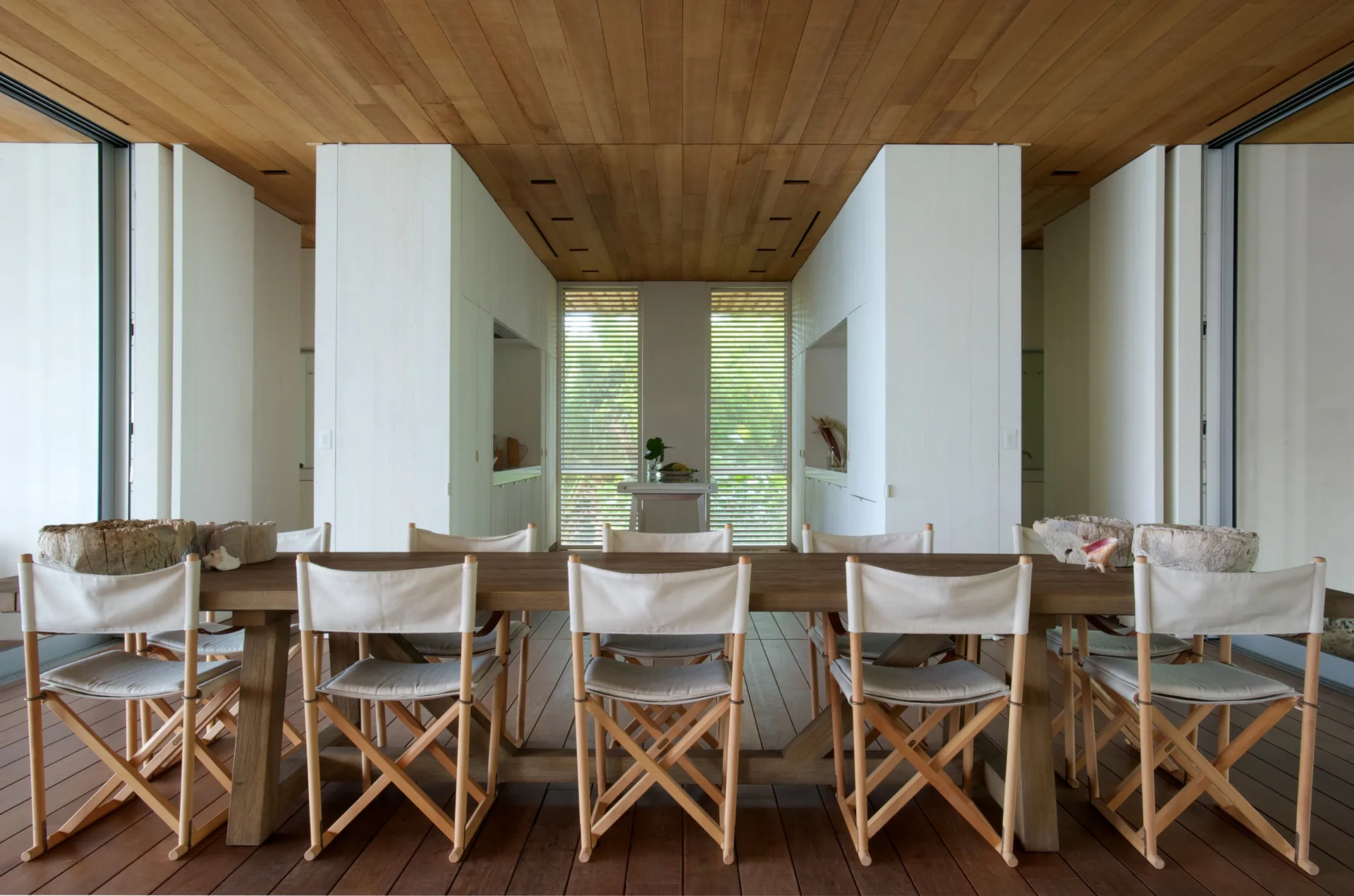 House on a Dune, Oppenheim Architecture + Design, Table, Chair, Windows, Beam, Column