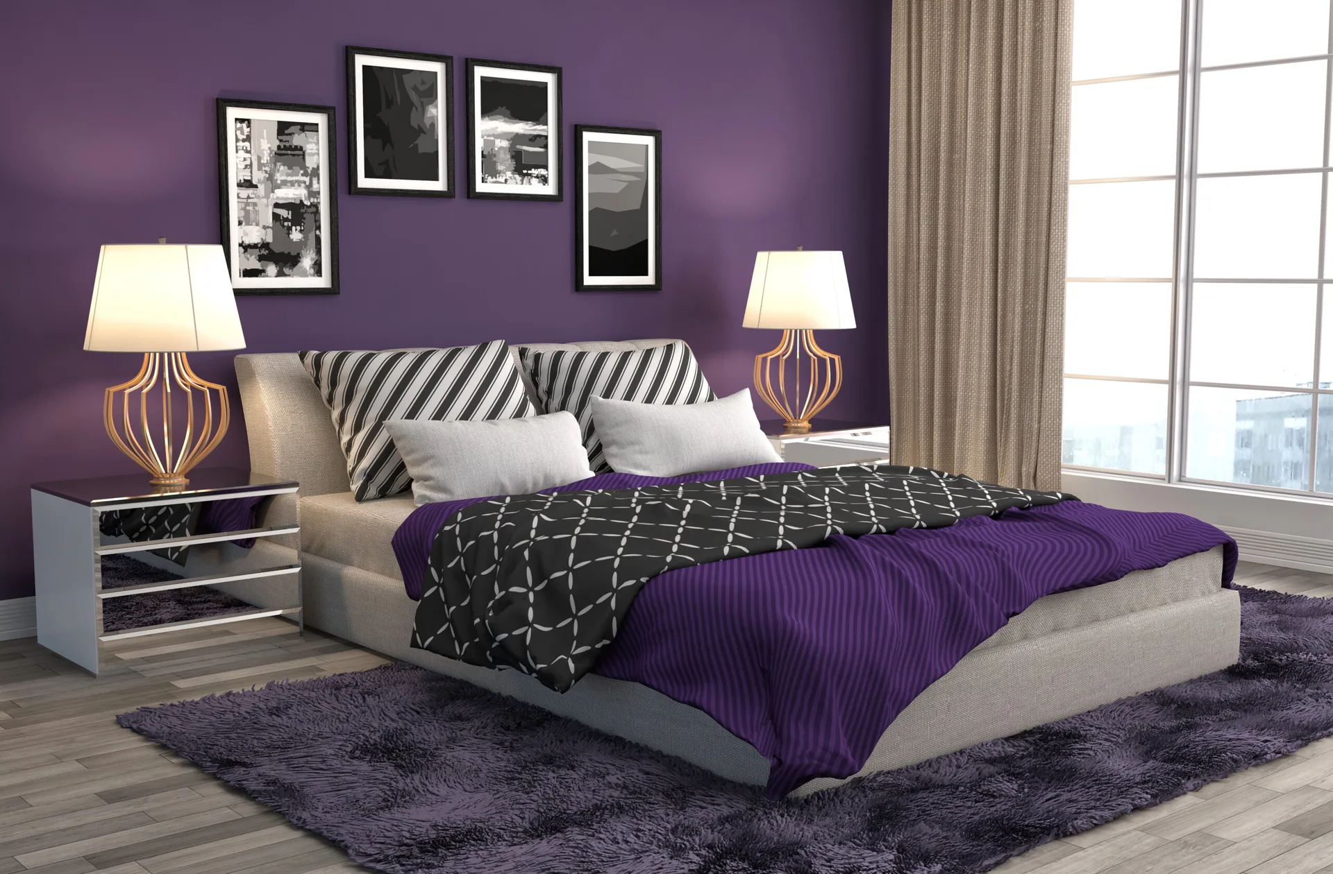 A bedroom with a deep purple accent wall, mirrored nightstands with gold lamps, and an upholstered bed with striped pillows.