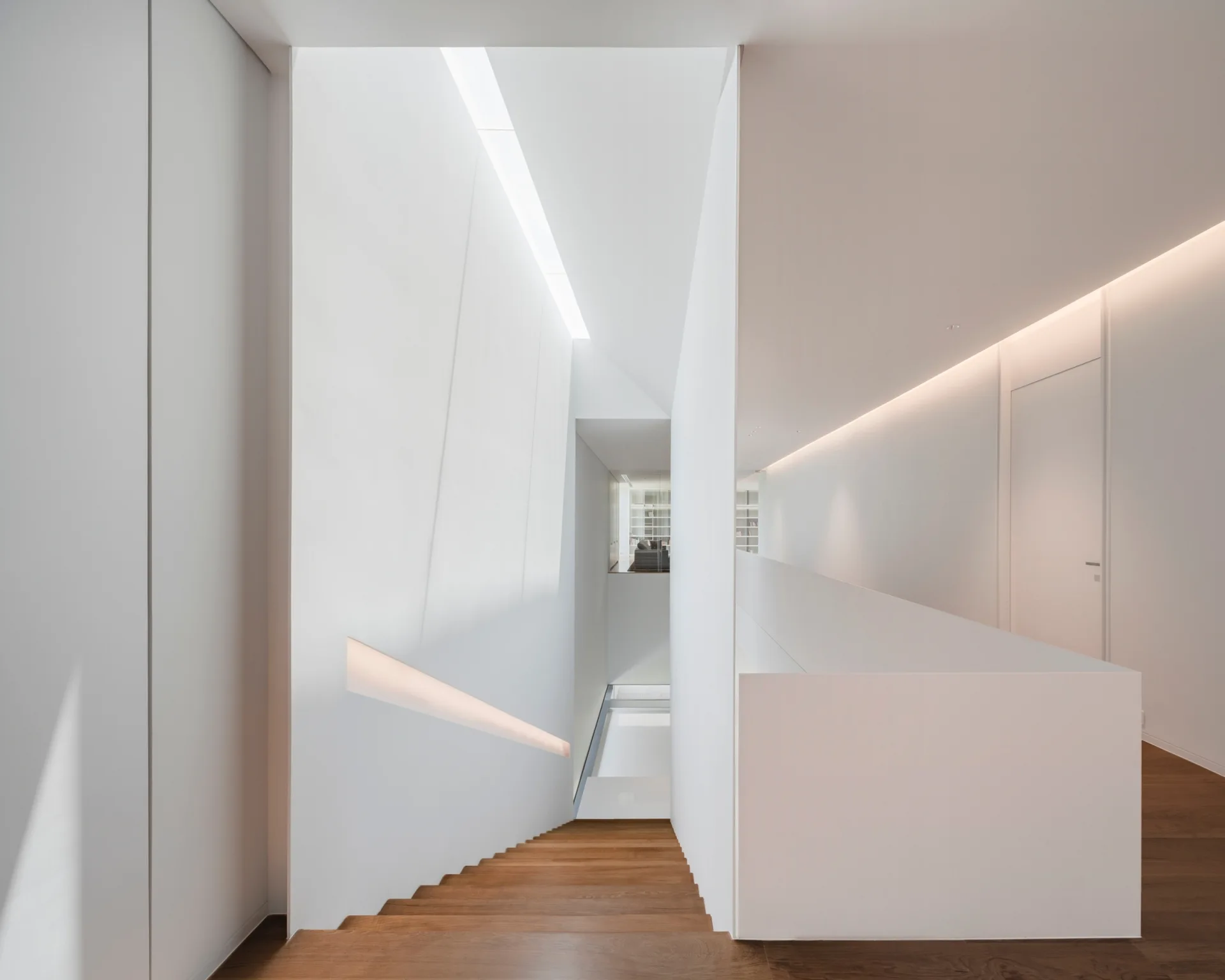 A minimalist wooden staircase with white walls, a solid white balustrade, and integrated warm cove lighting along the handrail recess.