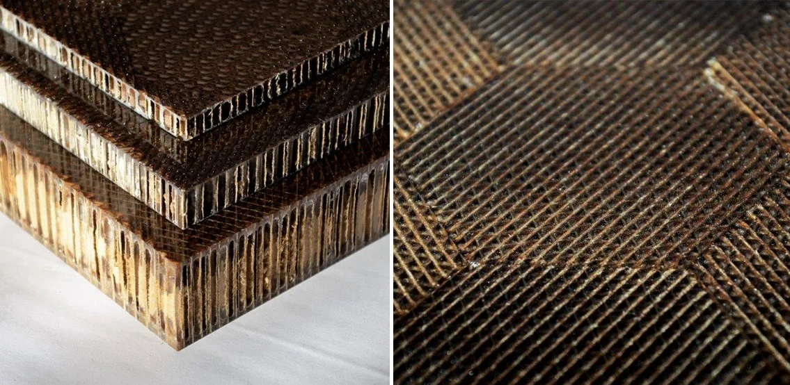 Three stacked brown composite panels with a visible honeycomb core structure alongside a close-up of the textured grid-patterned surface.