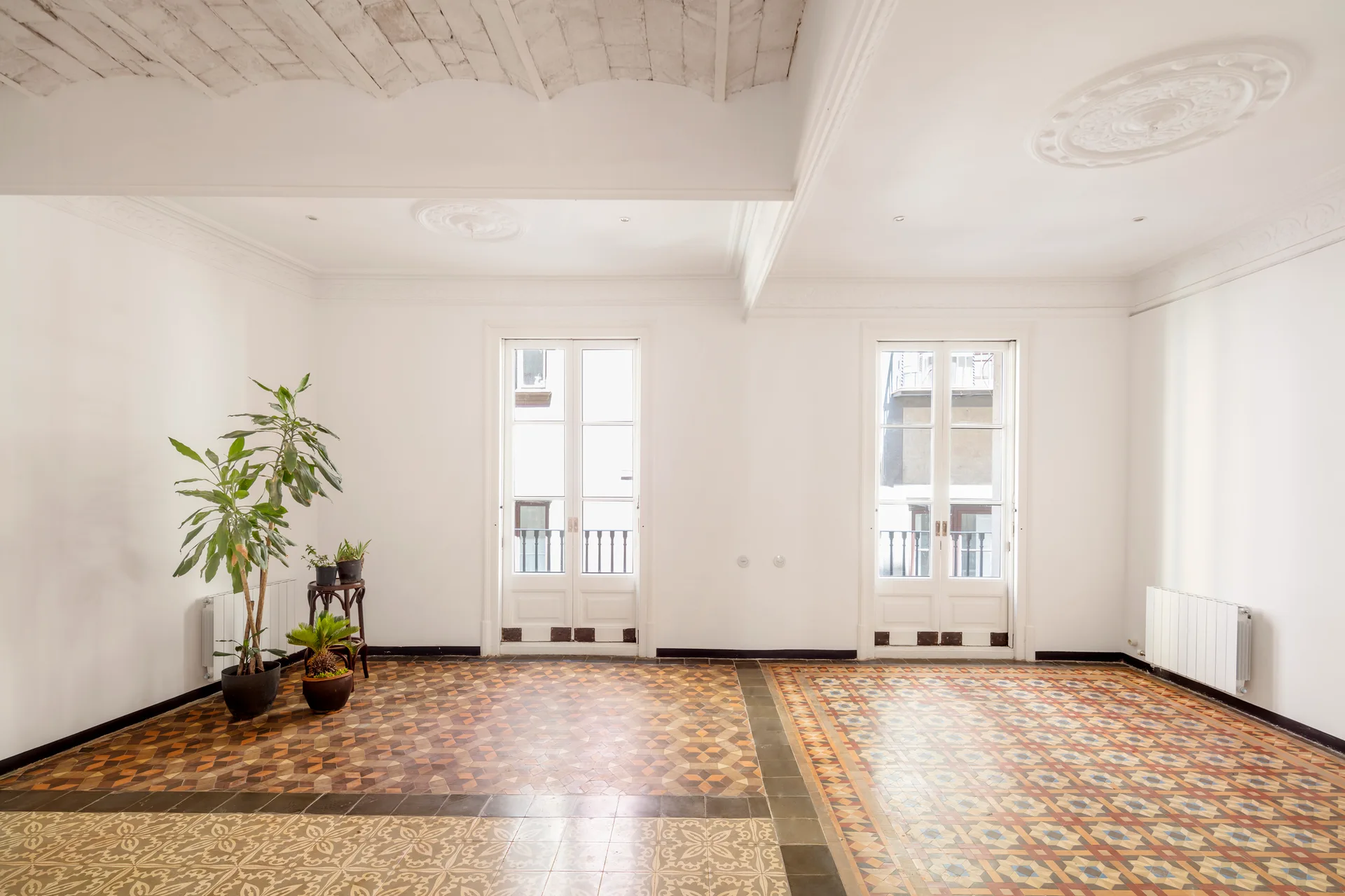 An empty white room features vibrant geometric encaustic tile flooring, two tall French doors, plaster ceiling medallions, and a corner houseplant.