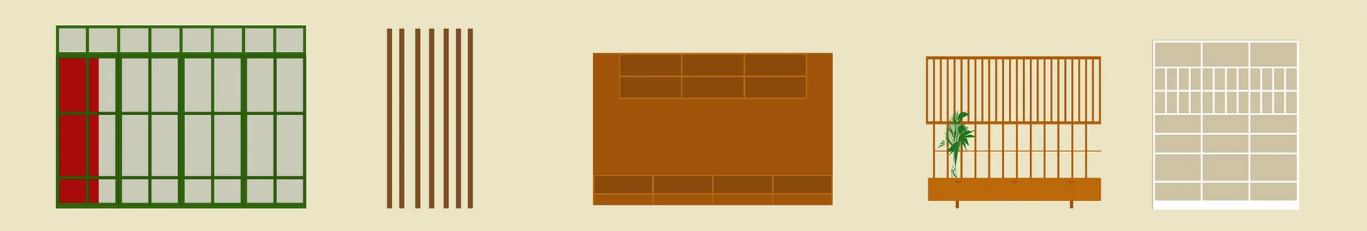 A vector illustration showcasing five distinct room divider designs, including slatted timber screens, a green-framed glass partition, and shelving units.